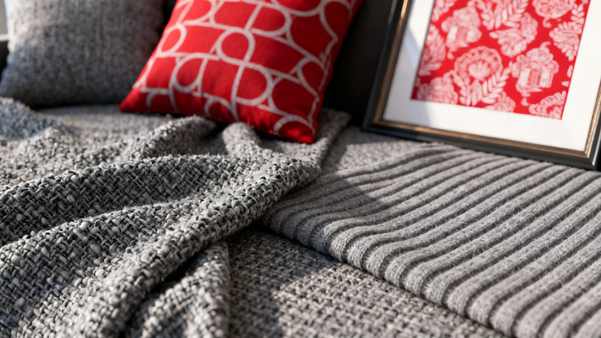 Close-up of grey textured fabrics paired with red graphic cushions and prints.