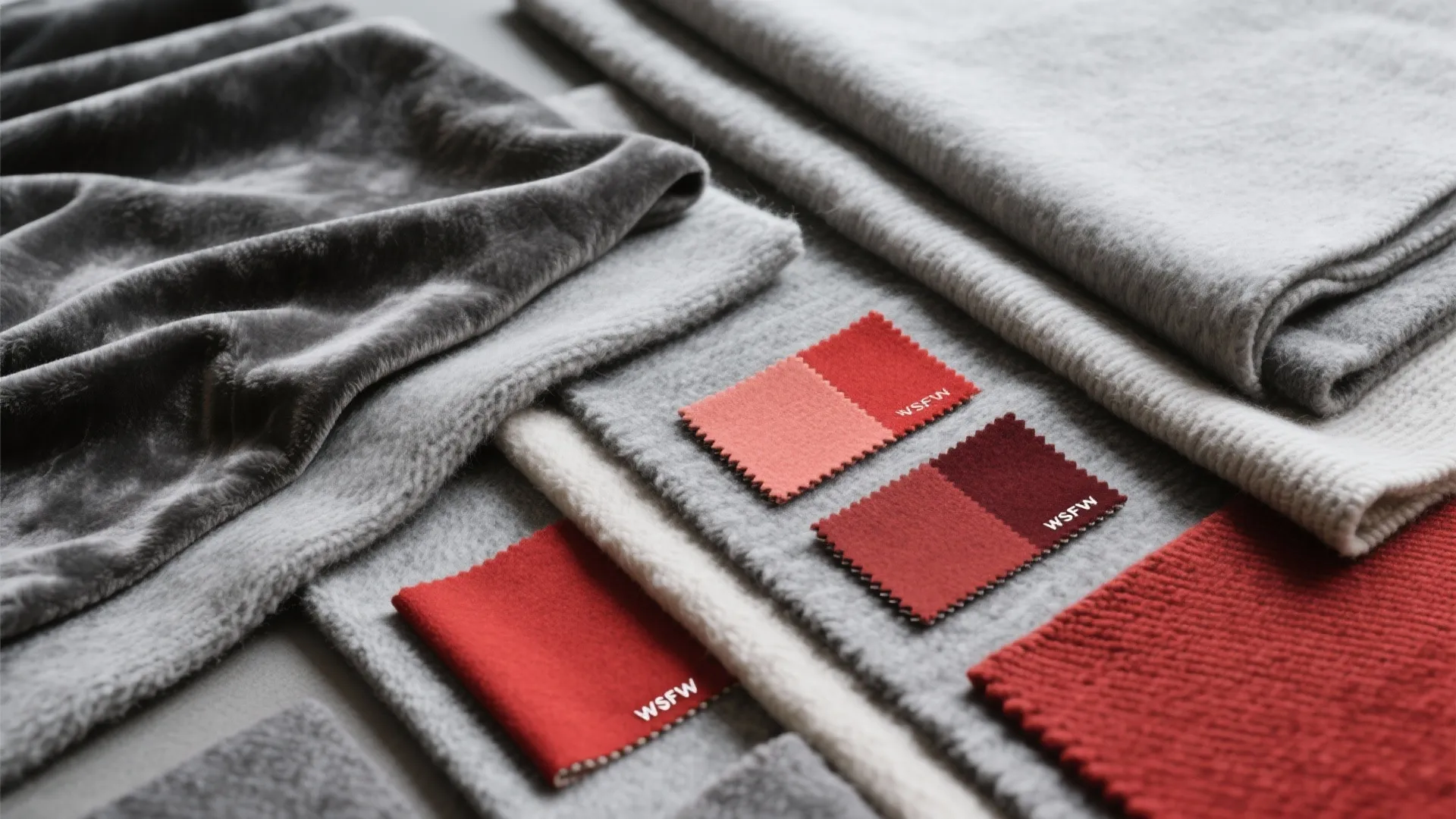 Various grey fabric materials and red color swatches for interior design and home furniture selection