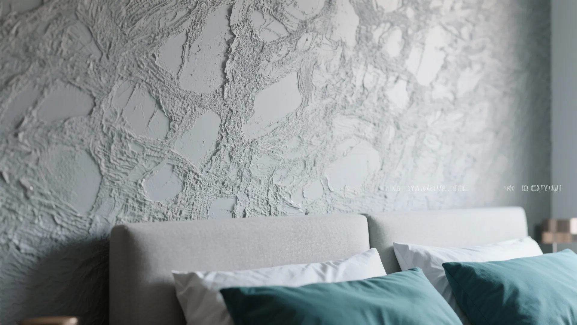 Grey textured wallpaper with teal bedding in a bedroom