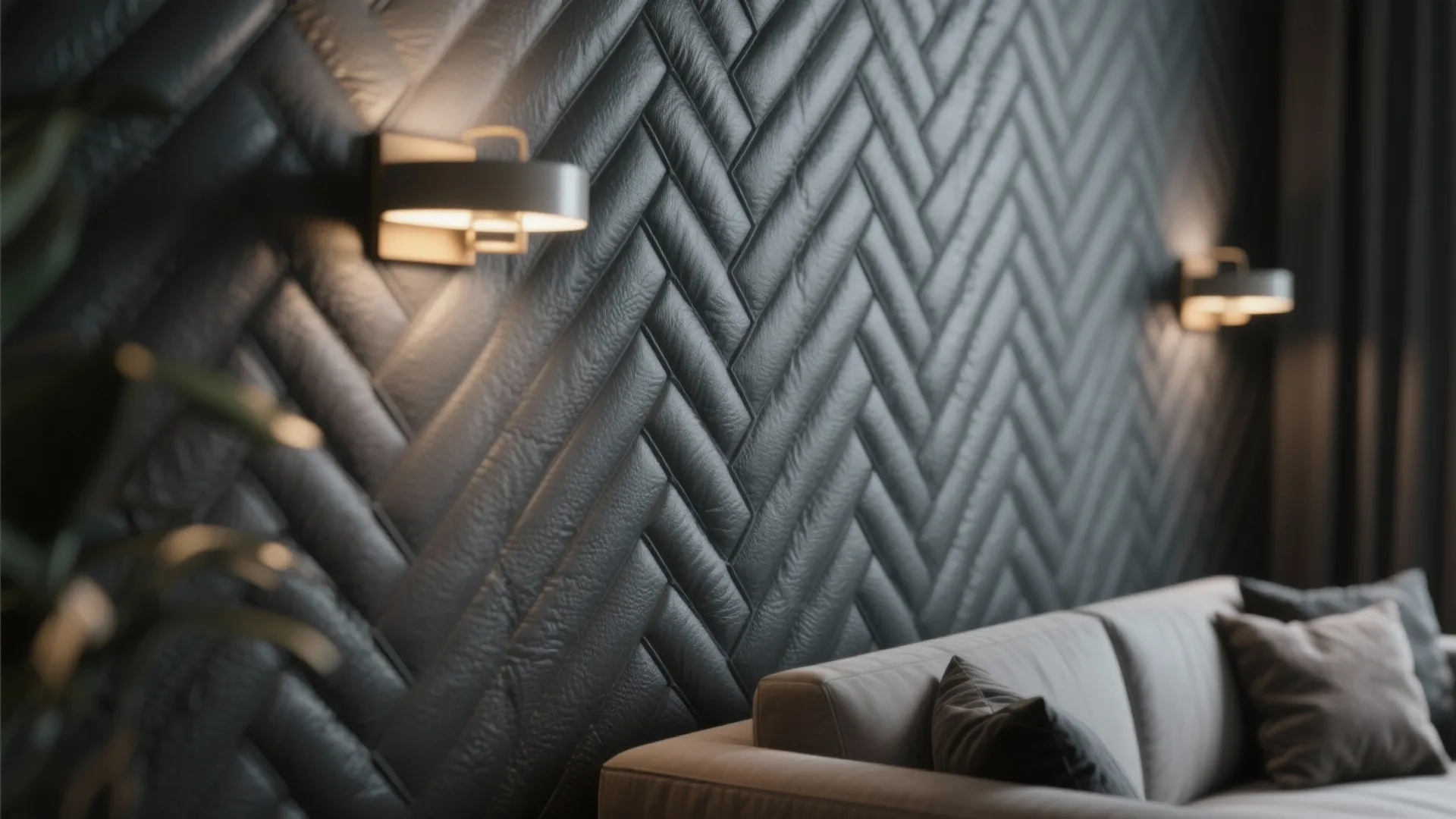 Living room with dark grey textured wall pattern, warm wall lights, grey sofa, and pillows