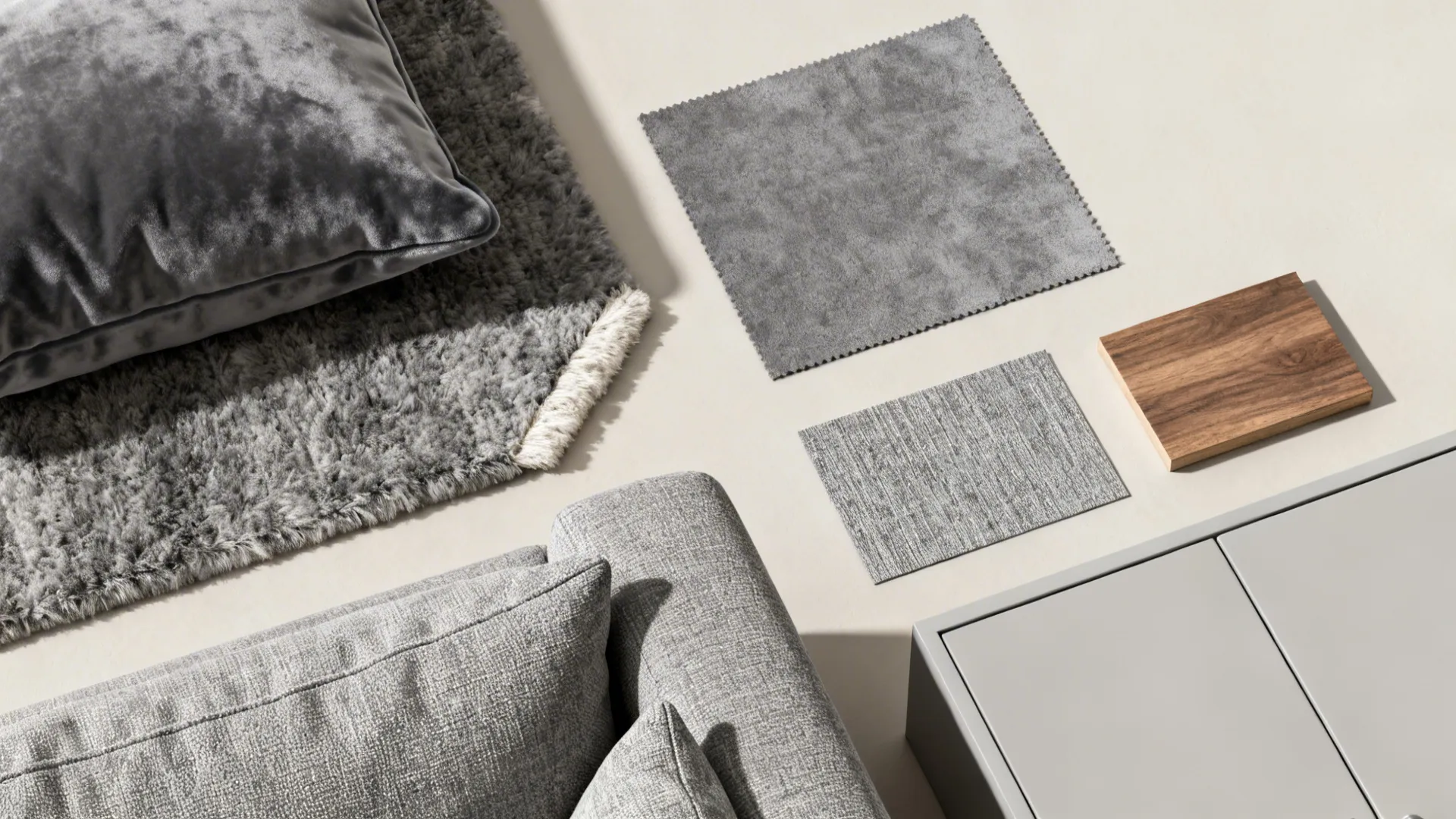 Flatlay of velvet cushion, wool rug, matte paint and fabric swatches in layered greys.
