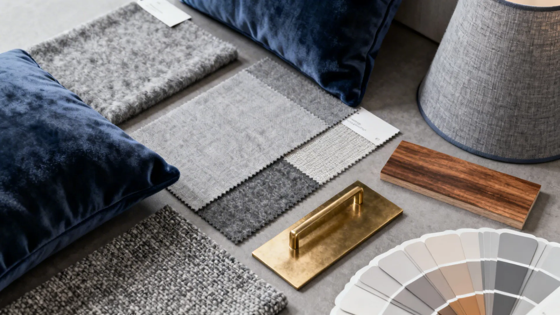 Flatlay of grey textile swatches and navy accent fabrics with wood and brass samples.