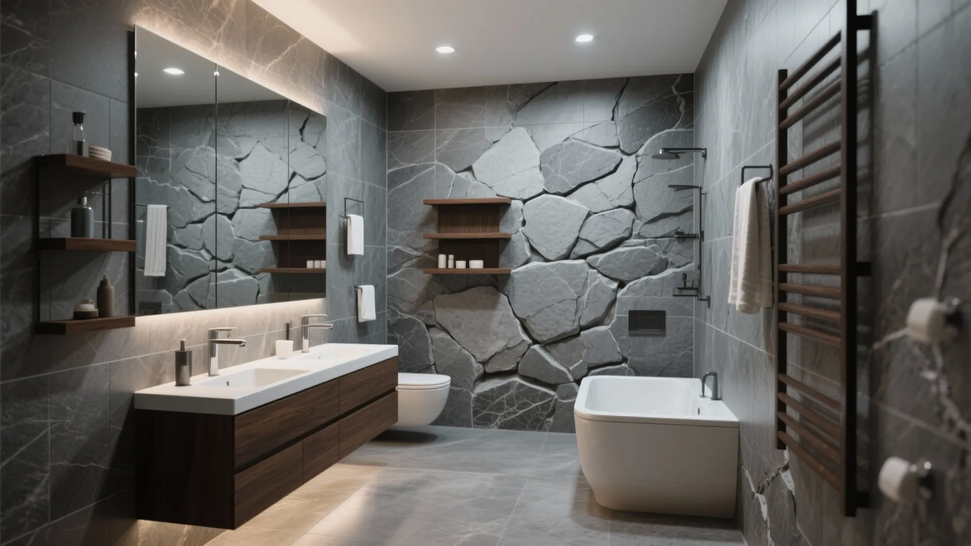 Luxurious bathroom with grey stone walls double sink wood cabinet white bathtub and warm lighting design