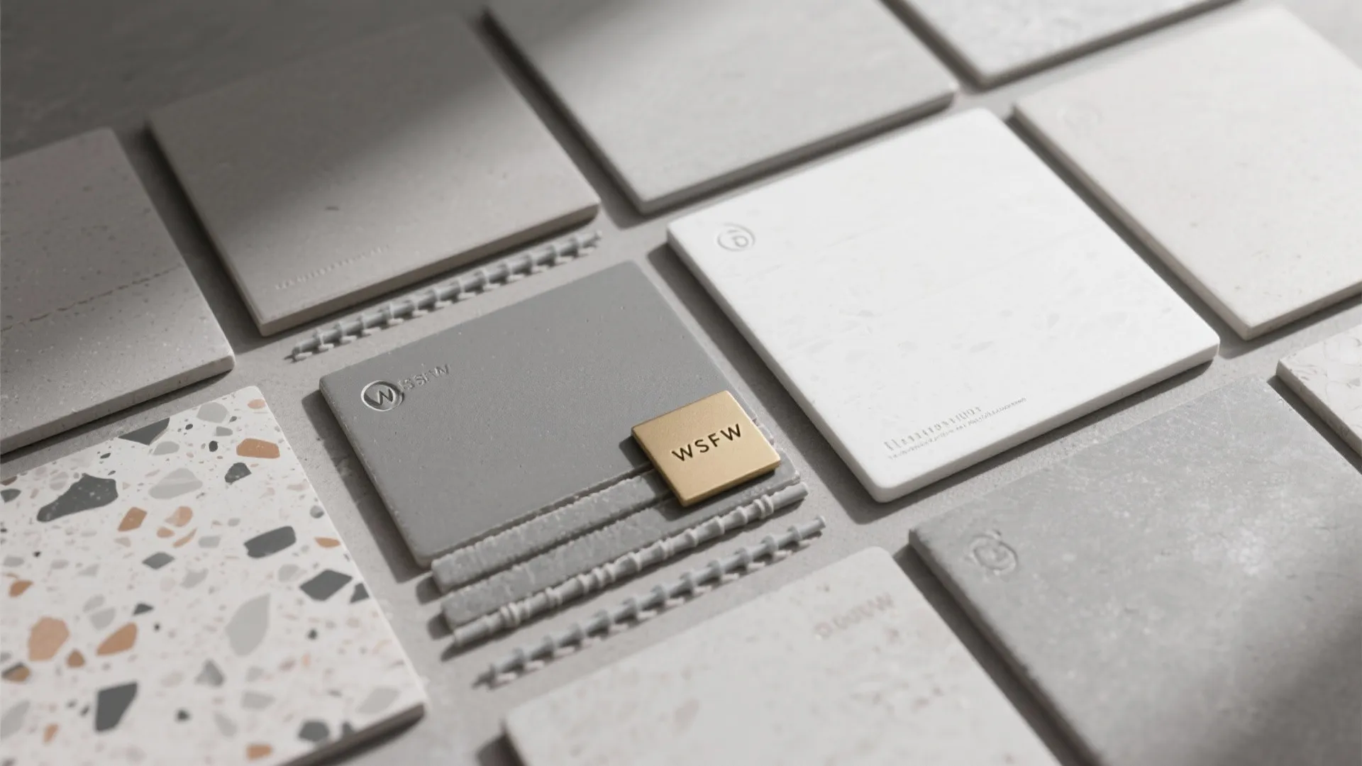 Flat lay of grey tile samples and grout swatches showing undertones and finishes under soft daylight.