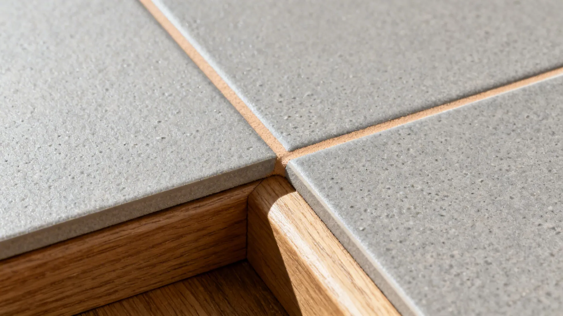 Macro of matte grey porcelain tile with warm greige grout and rectified edge.