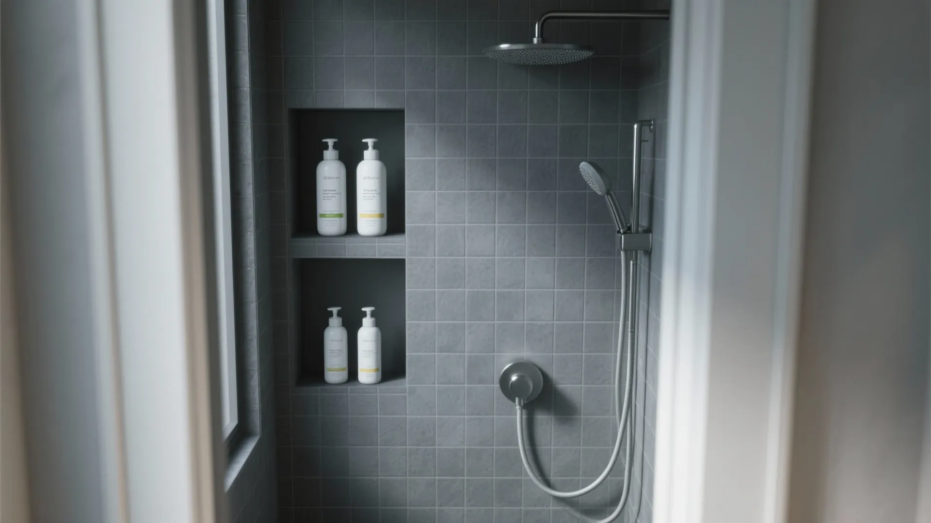 Grey tiled shower wall with two recessed shelves holding four white bottles and shower head
