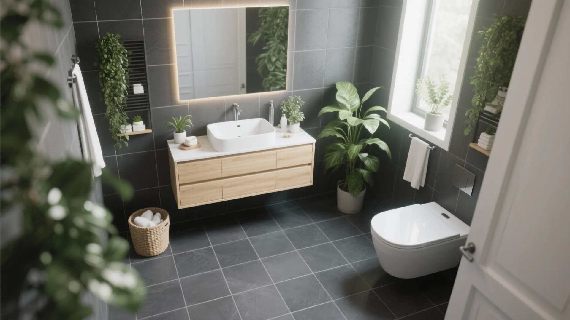 1. Pair grey tiles with wood accents