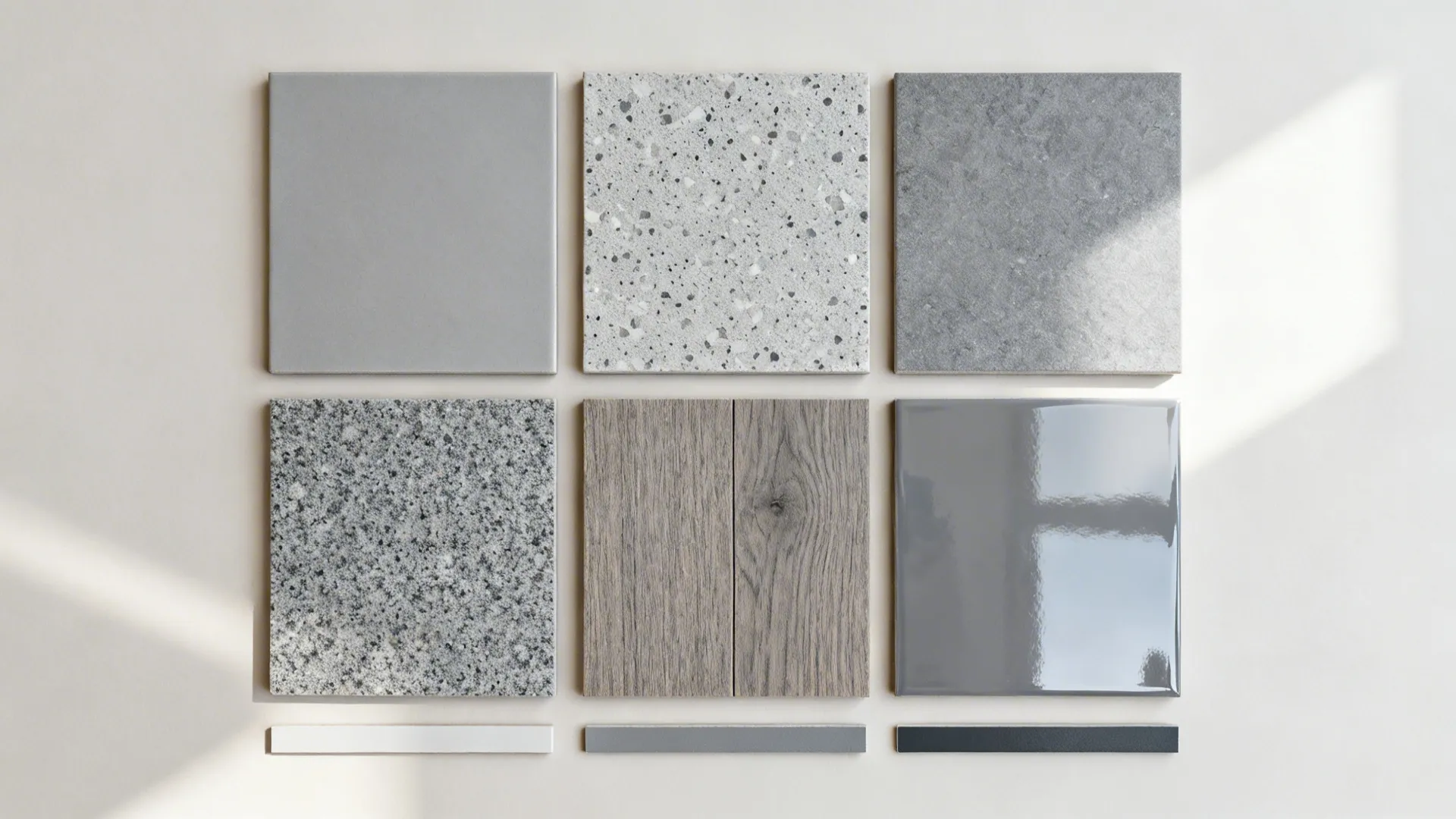 Top-down flatlay of grey tile finish samples with matching grout tones under soft daylight.