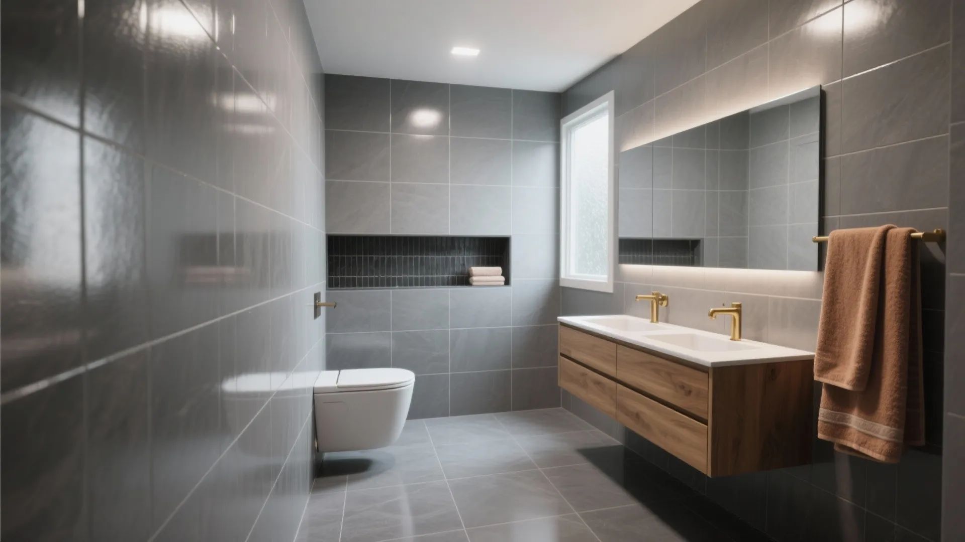 Grey tiled bathroom with double sink wooden cabinet large mirror wall toilet and window light