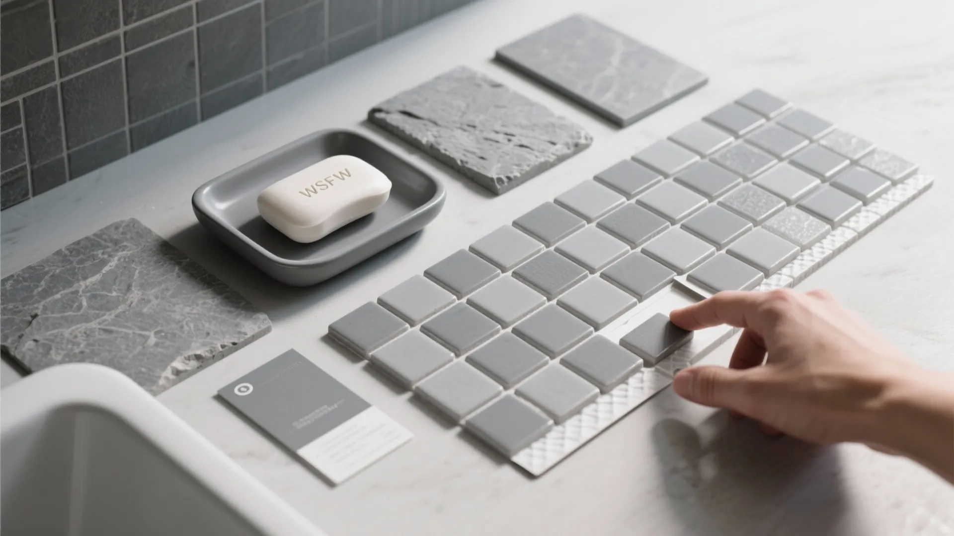 5. Grey accent tiles and soap dishes