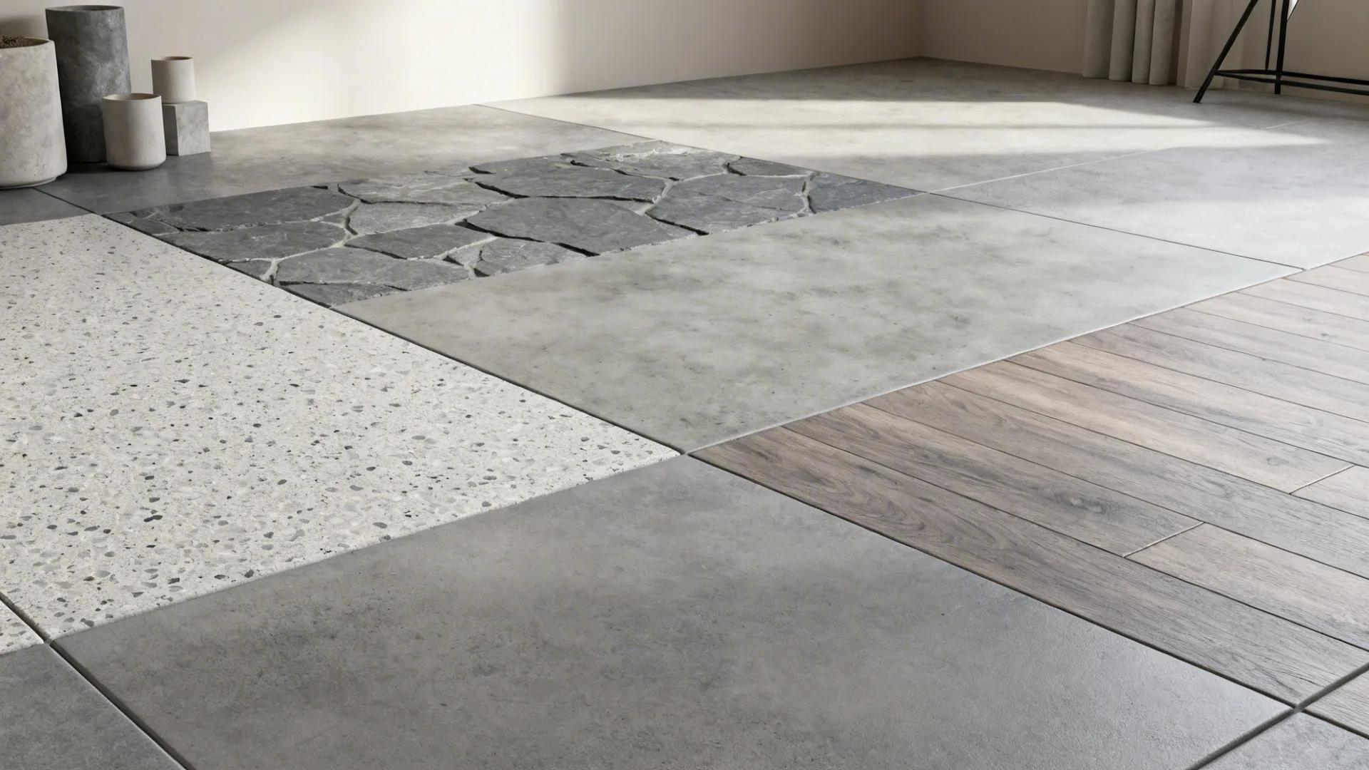 Studio scene showcasing five grey tile styles side by side under soft daylight.