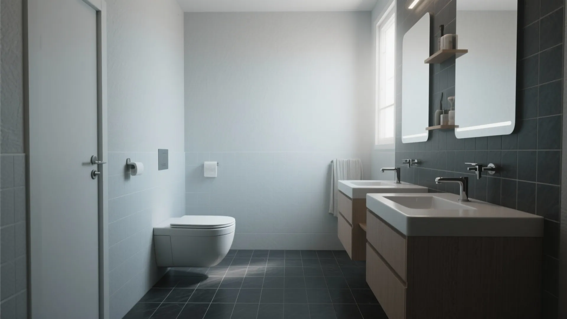 Modern bathroom interior with white wall toilet, double wooden cabinet sinks, mirrors, and dark tiles