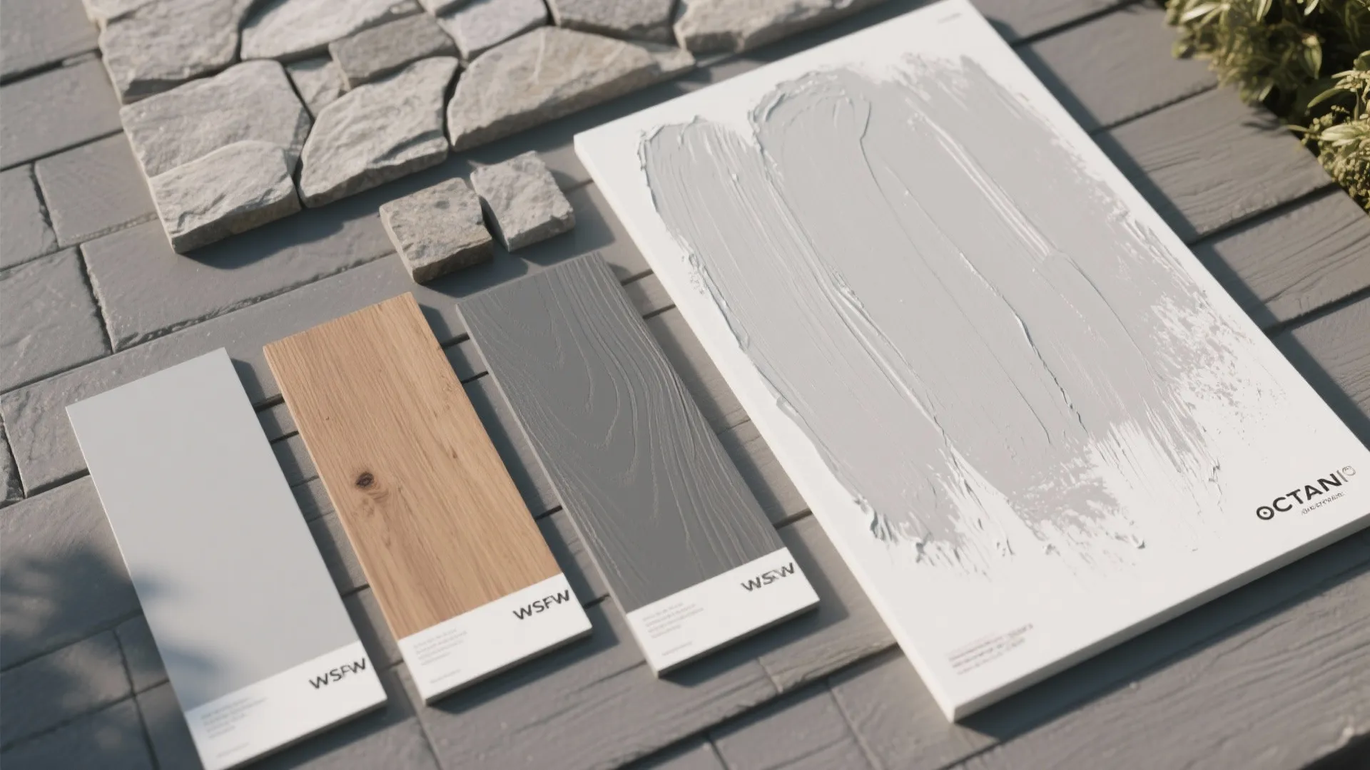 Grey paint samples and wood material boards placed on a grey stone tile floor surface