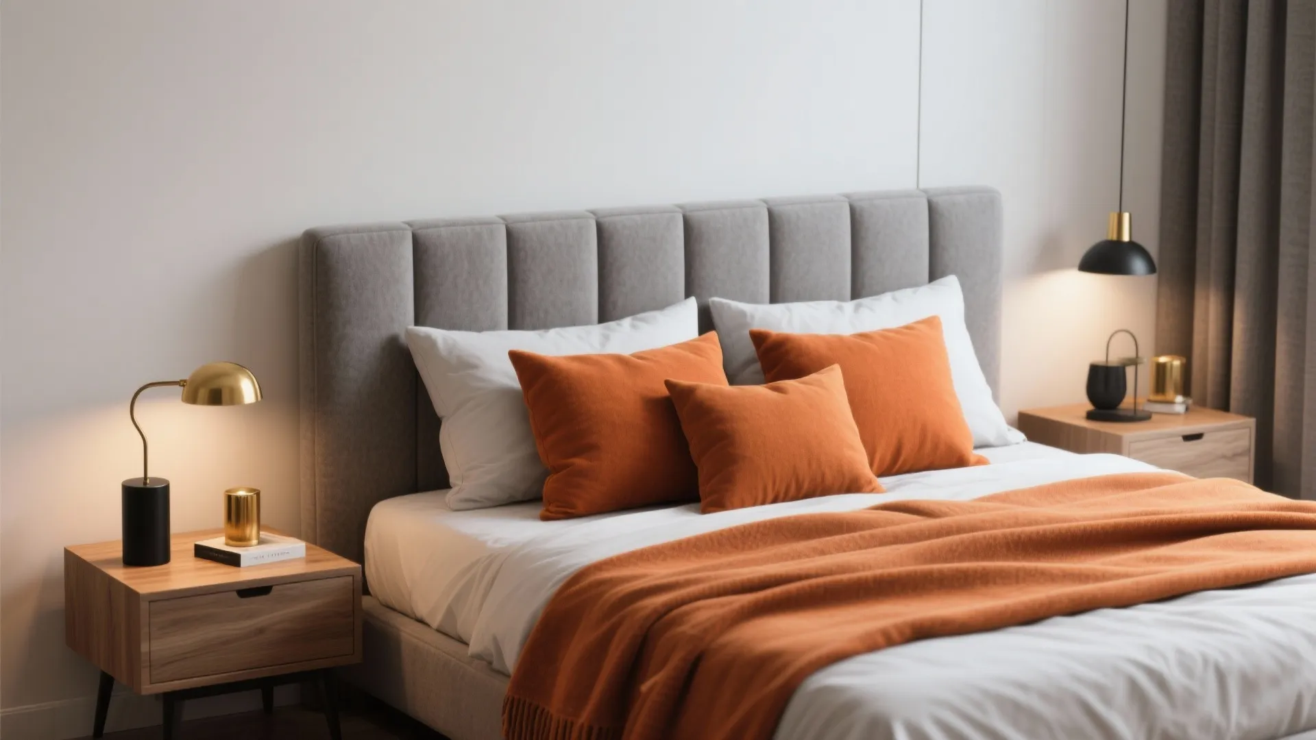 Modern bed with grey headboard featuring orange pillows and blanket next to wooden bedside tables