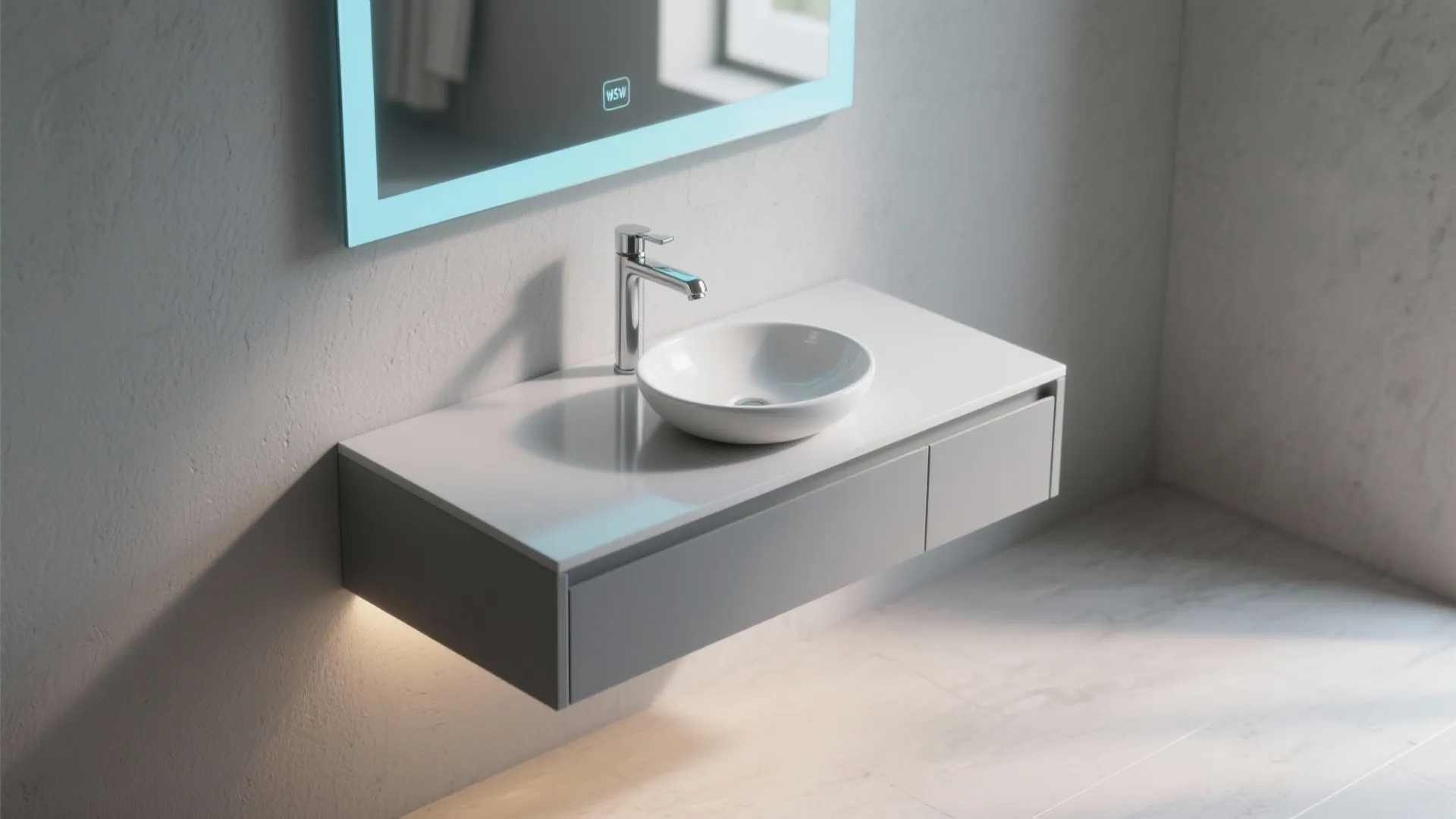 Modern grey floating bathroom cabinet with a white round sink and glowing light wall mirror
