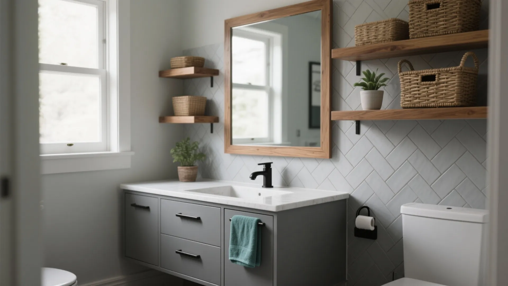 Grey bathroom cabinet with white sink wooden mirror frame open shelves wicker baskets and green plant