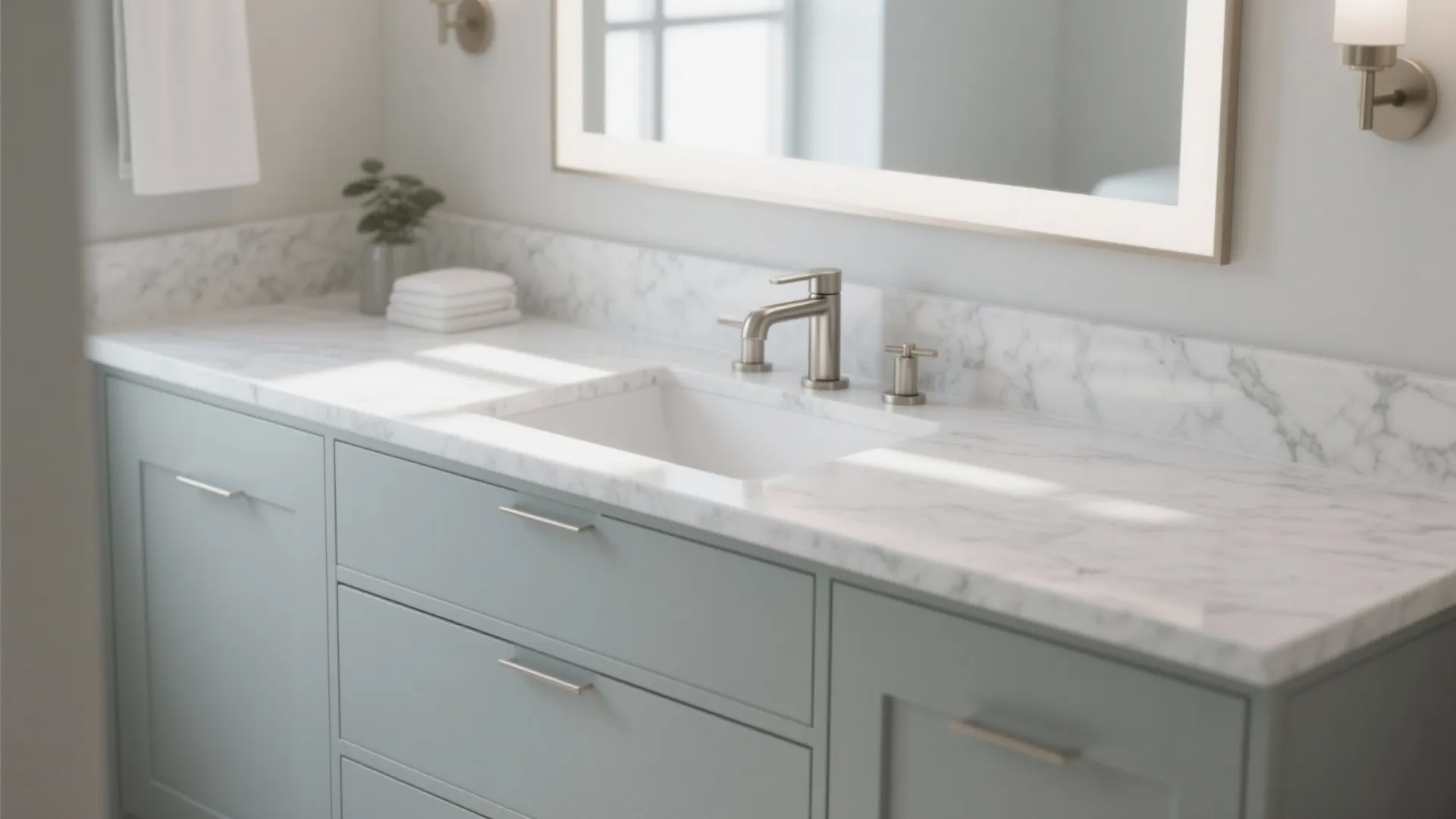 Light grey bathroom cabinet with white marble top sink metal faucet and large rectangular wall mirror