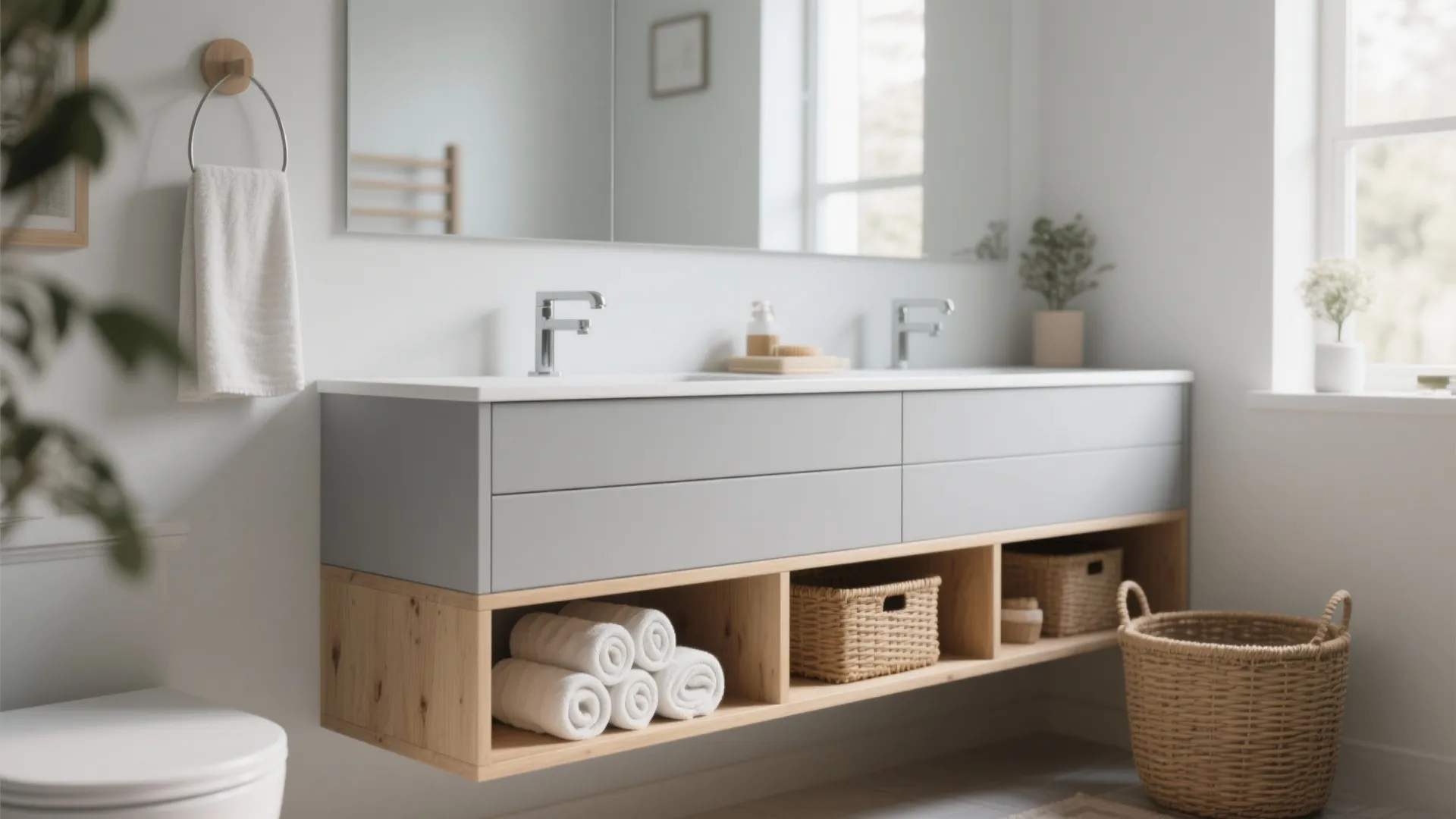 Double sink bathroom cabinet with grey drawers open wood shelves towels and woven storage baskets underneath
