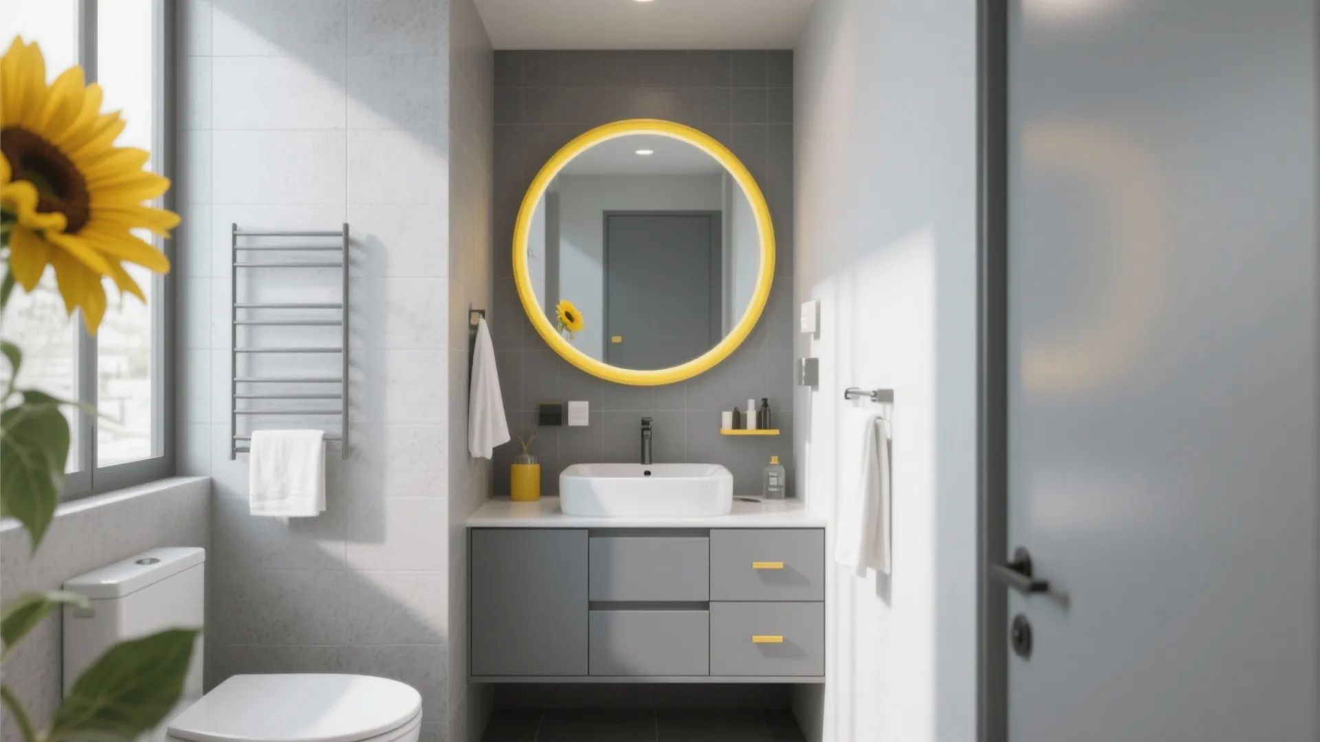 Modern grey bathroom vanity with round yellow mirror white sink toilet and a bright sunflower