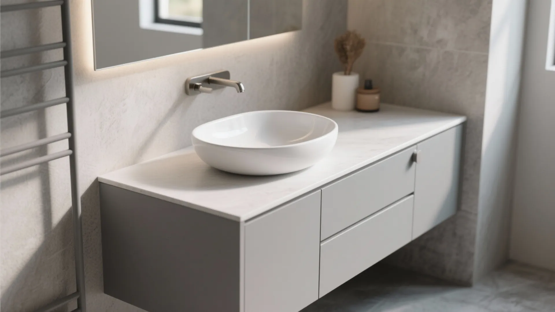 Modern grey bathroom cabinet with white vessel sink, wall faucet, backlight mirror and grey tiles