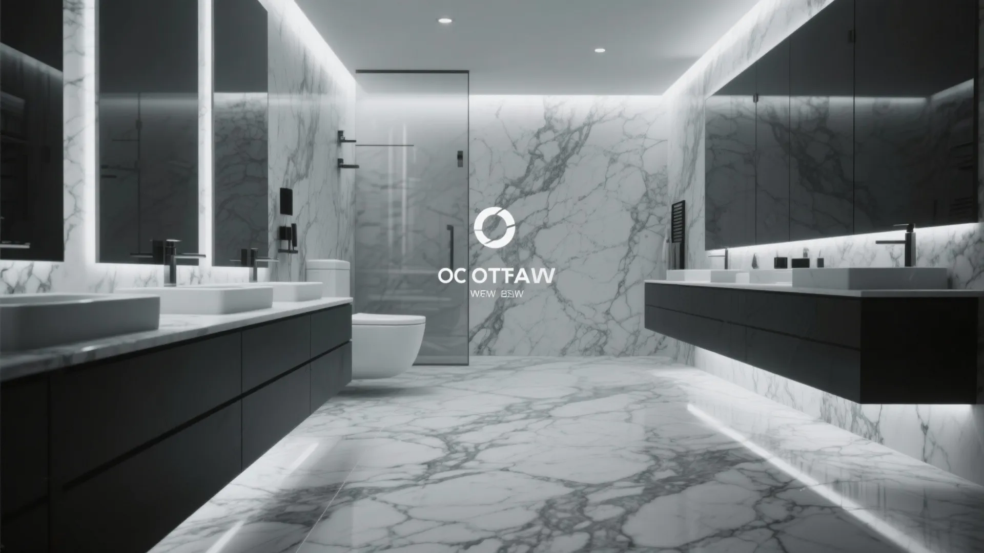 Modern luxury bathroom featuring grey marble walls black floating vanity double sinks and glass shower