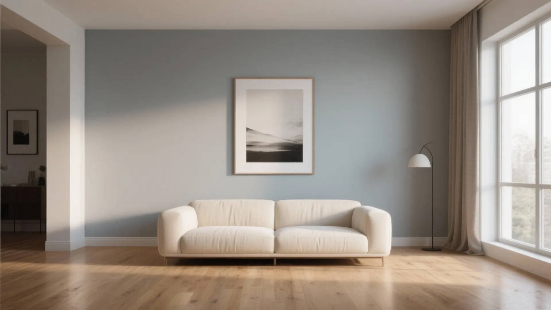 Cream sofa with grey accent wall and framed art