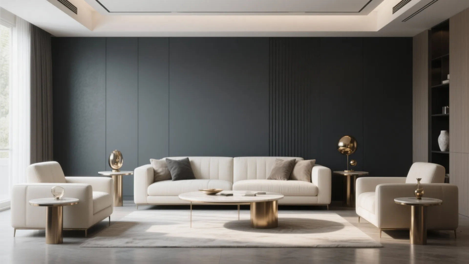 Grey Accent Wall Behind a Cream Sofa