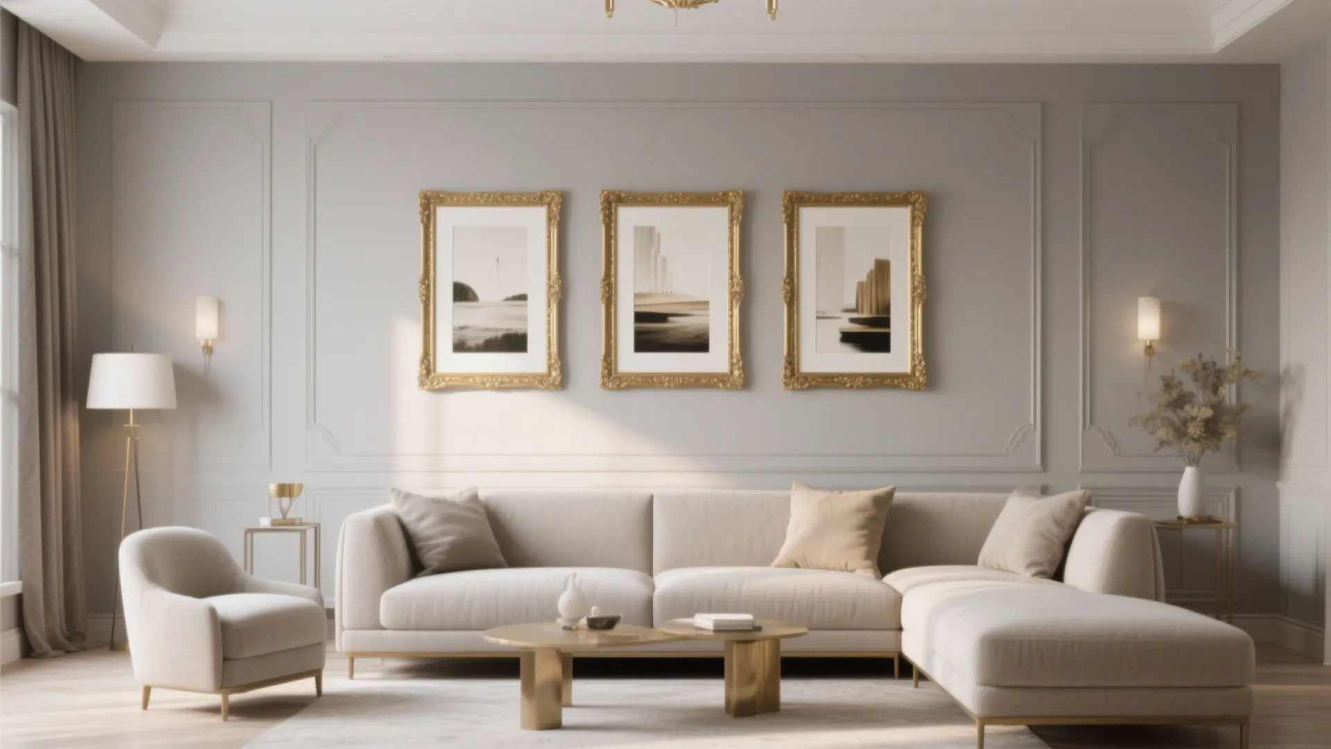 Warm grey walls with gold-framed artworks above a modern console