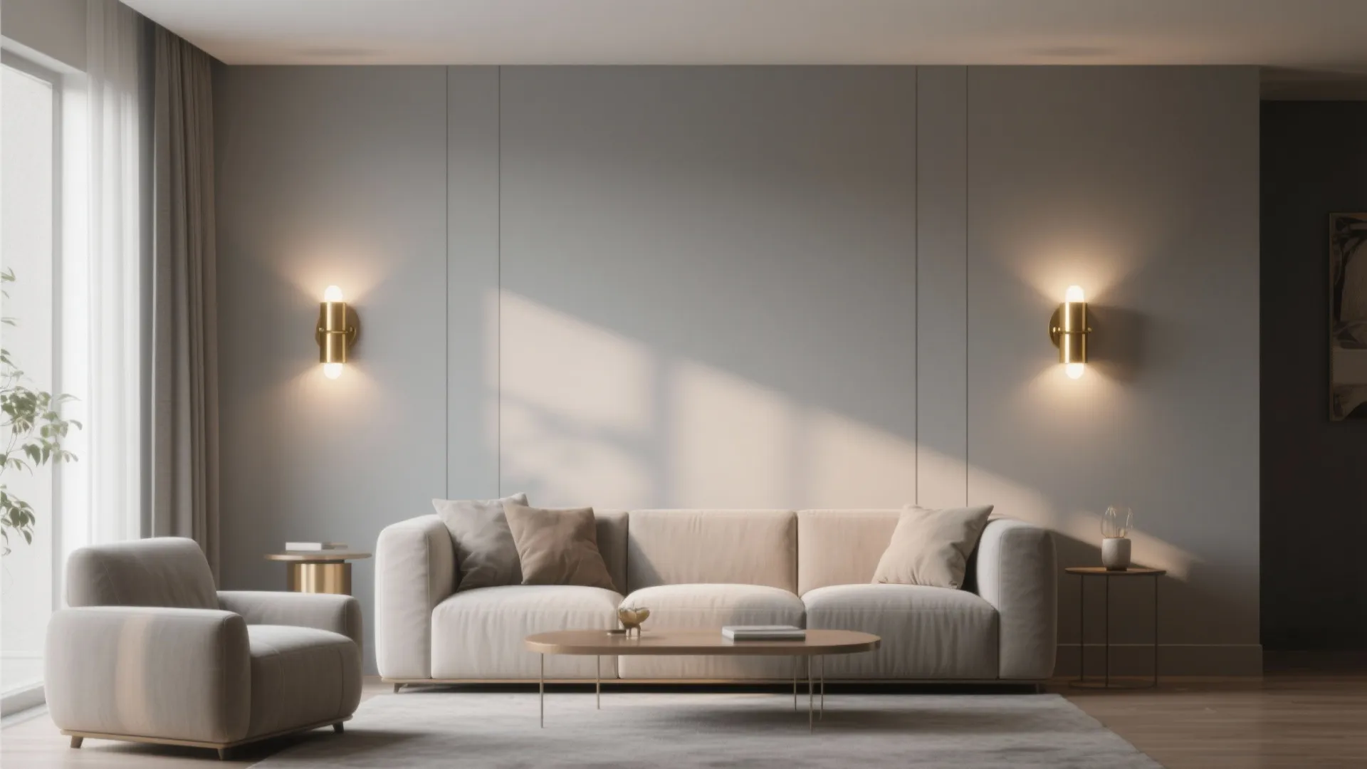 7. Matte Grey Walls with Gold Sconces