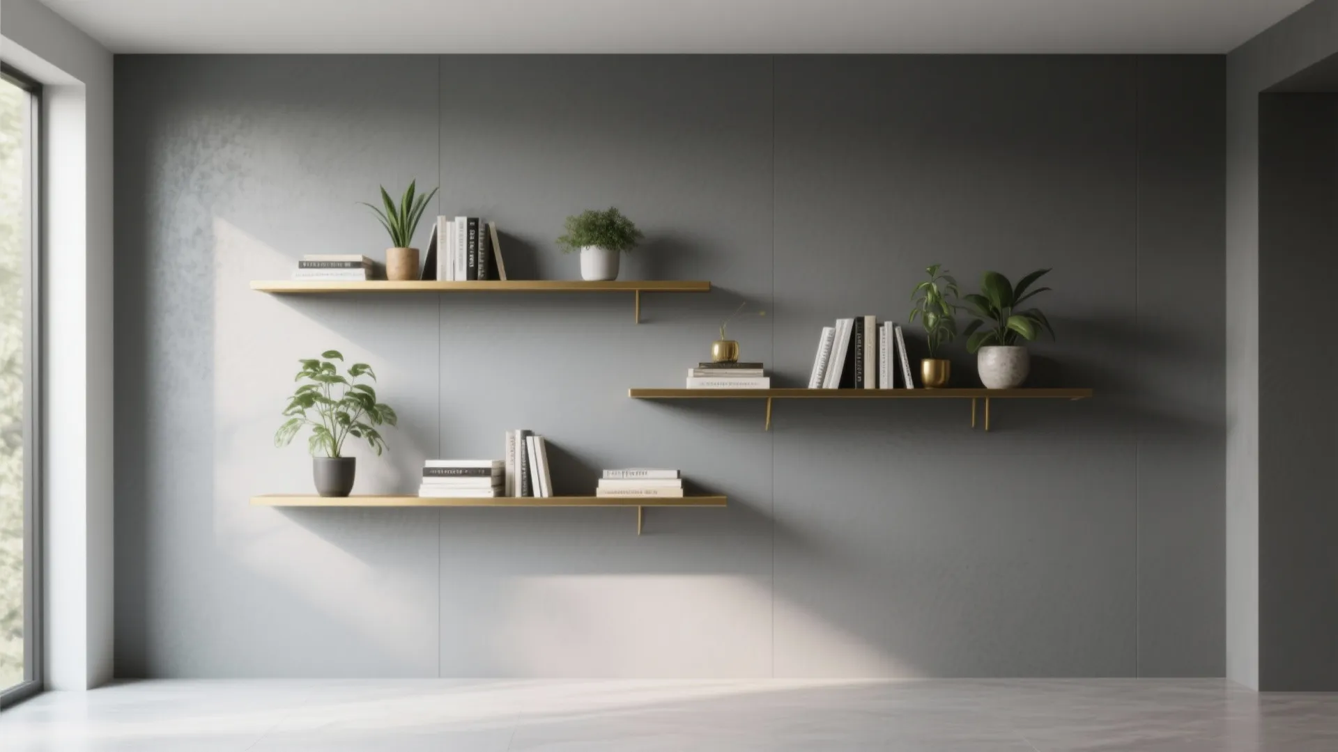 Grey feature wall with slim gold shelving and decor
