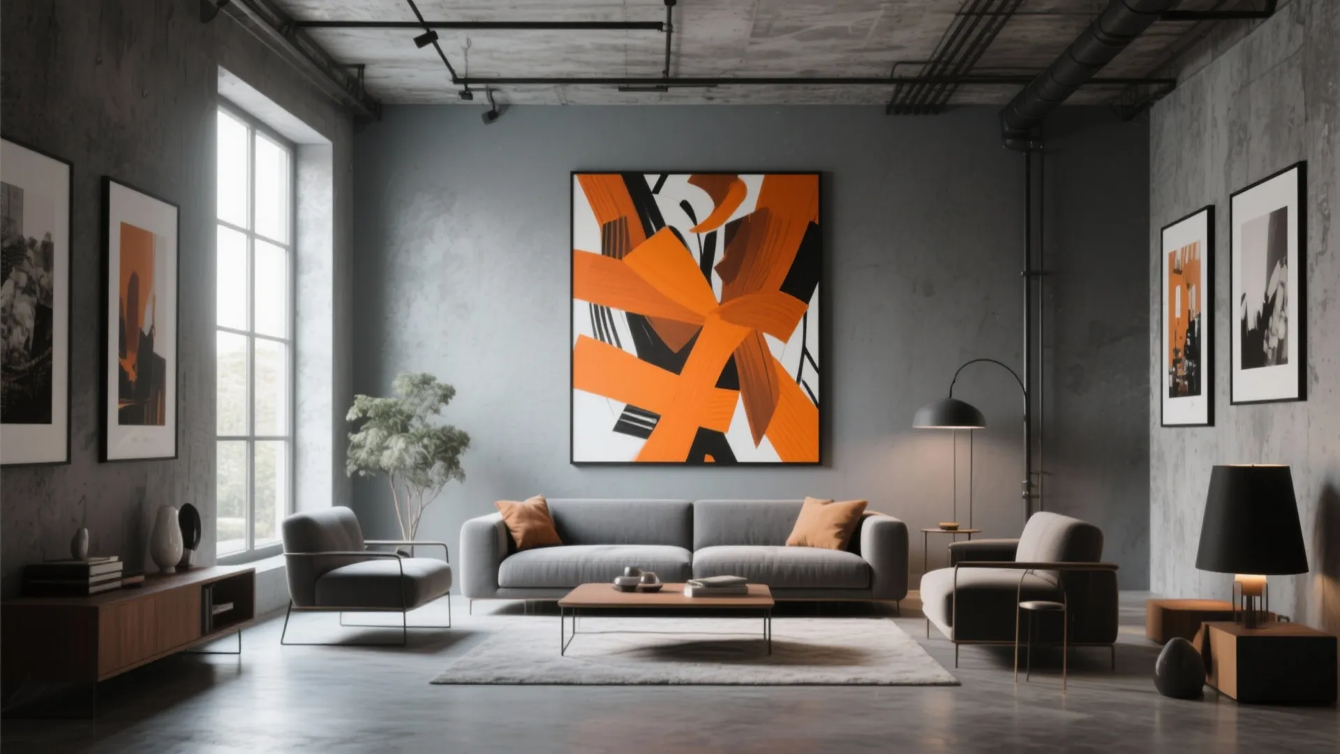 5. Grey Walls with Orange Artwork
