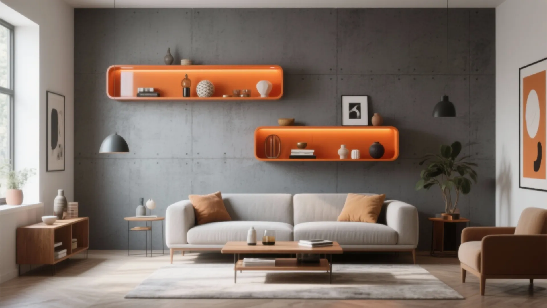 Grey Feature Wall with Floating Burnt Orange Shelves