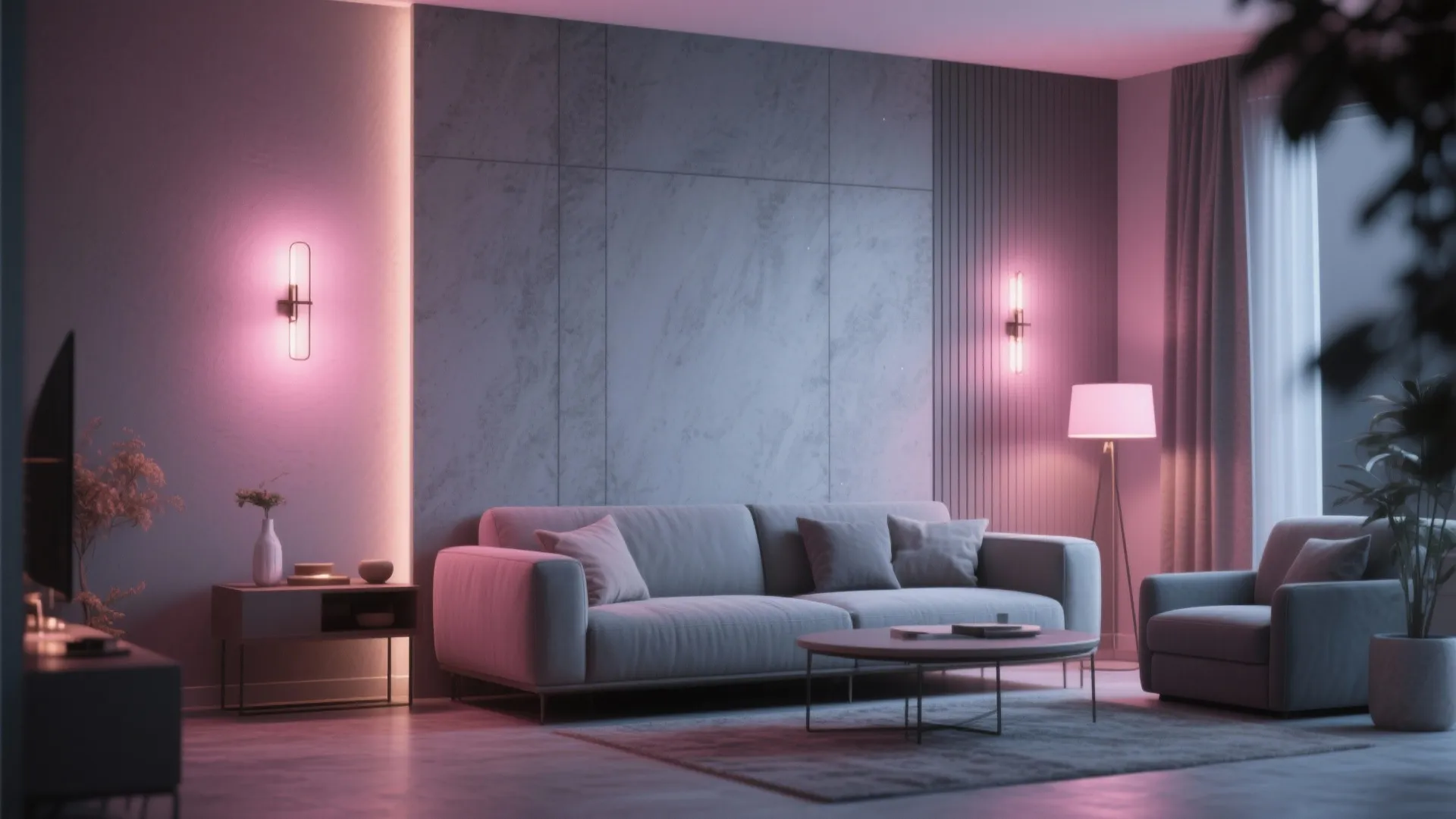 7. Grey Feature Wall with Soft Pink Lighting