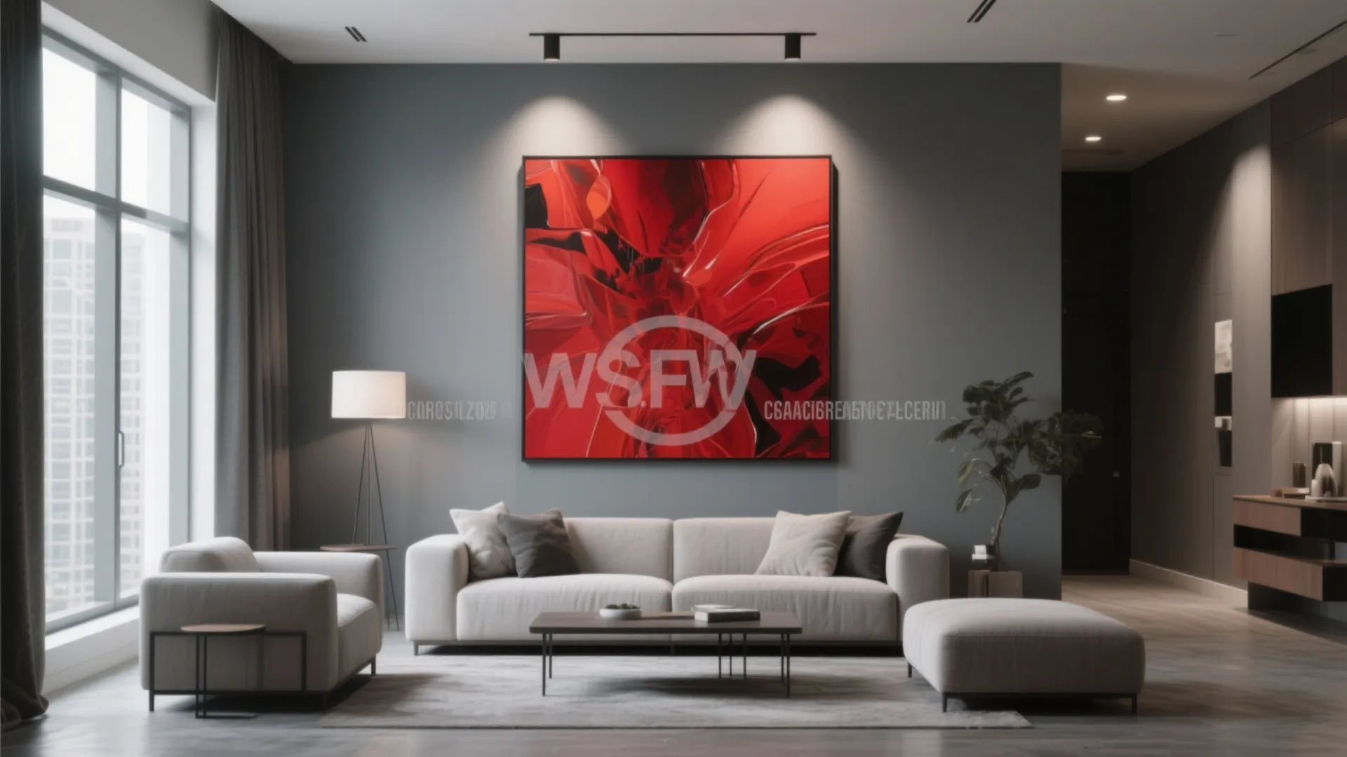 4. Grey Walls with Red Artwork