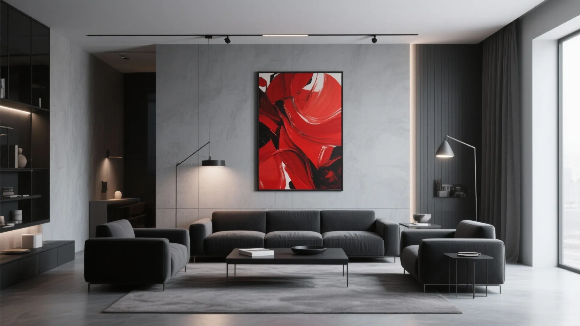 Minimalist grey living room featuring dark grey sofas black coffee table and large red wall art