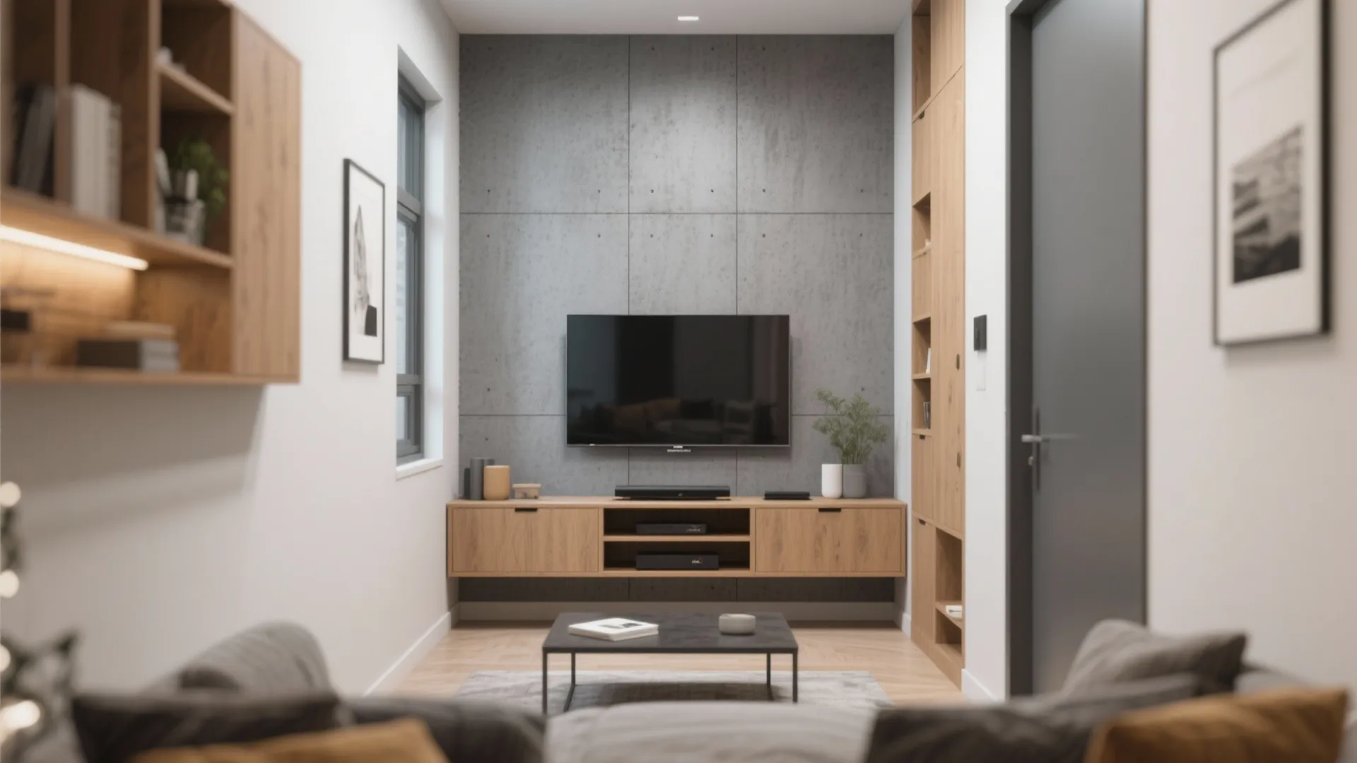 10. Grey Feature Wall with Tan Built-Ins