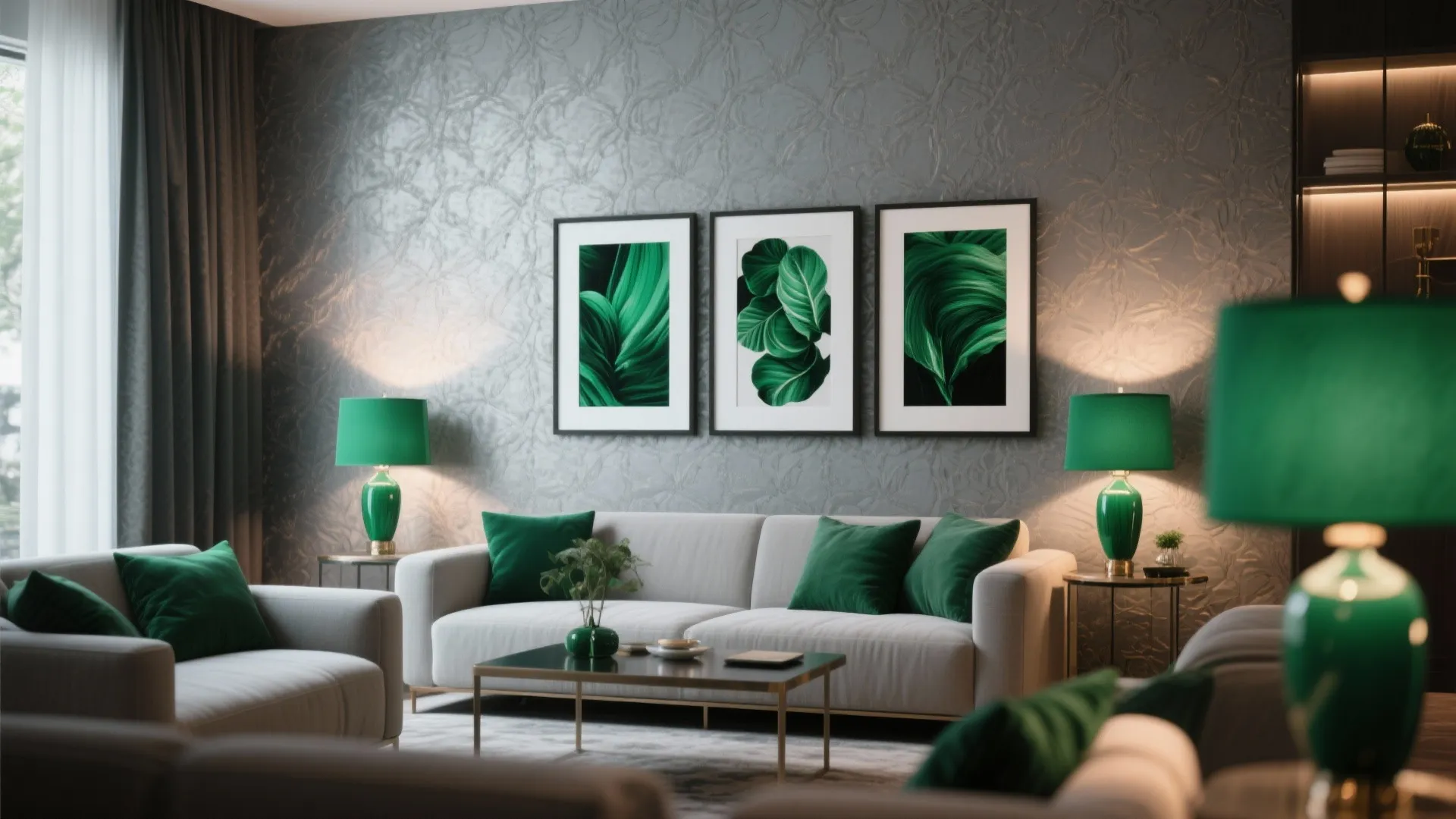 8. Textured Grey Wallpaper with Emerald Accessories