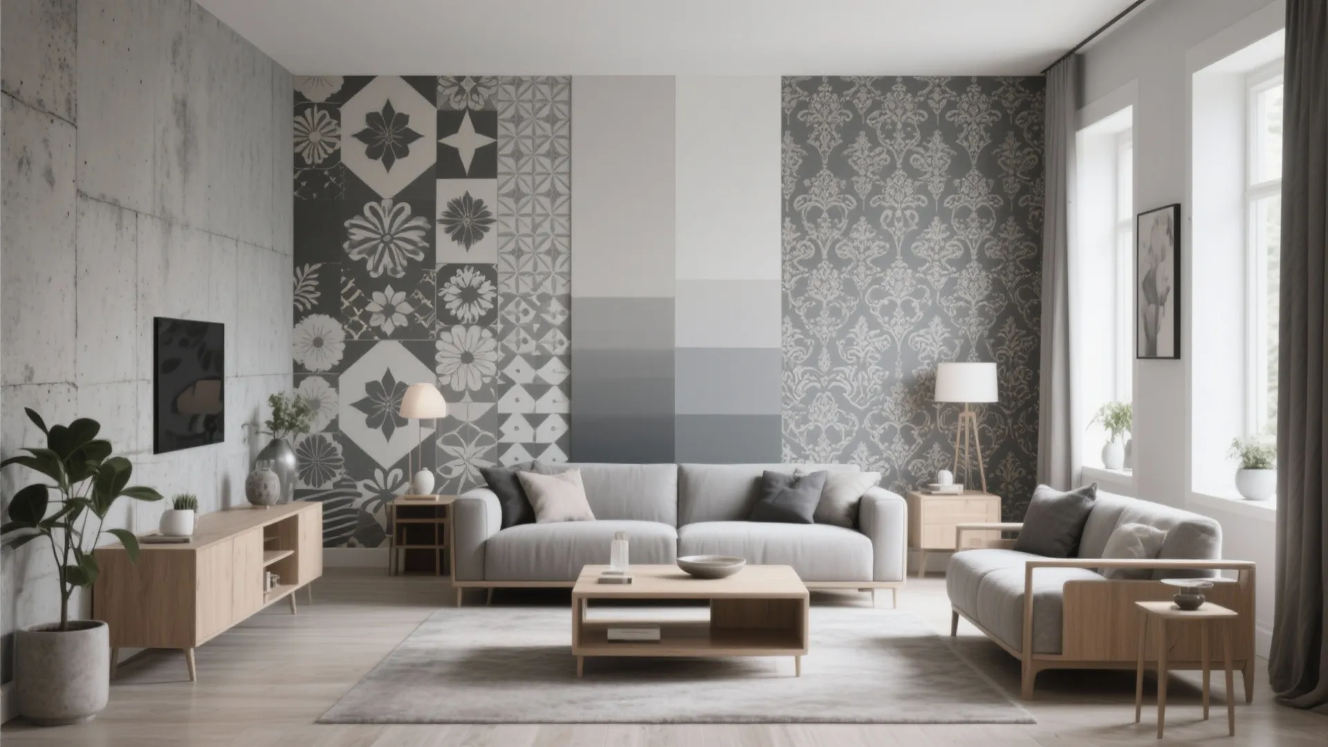 Modern living room with grey patterned wallpaper light grey sofa wooden coffee table and lamp