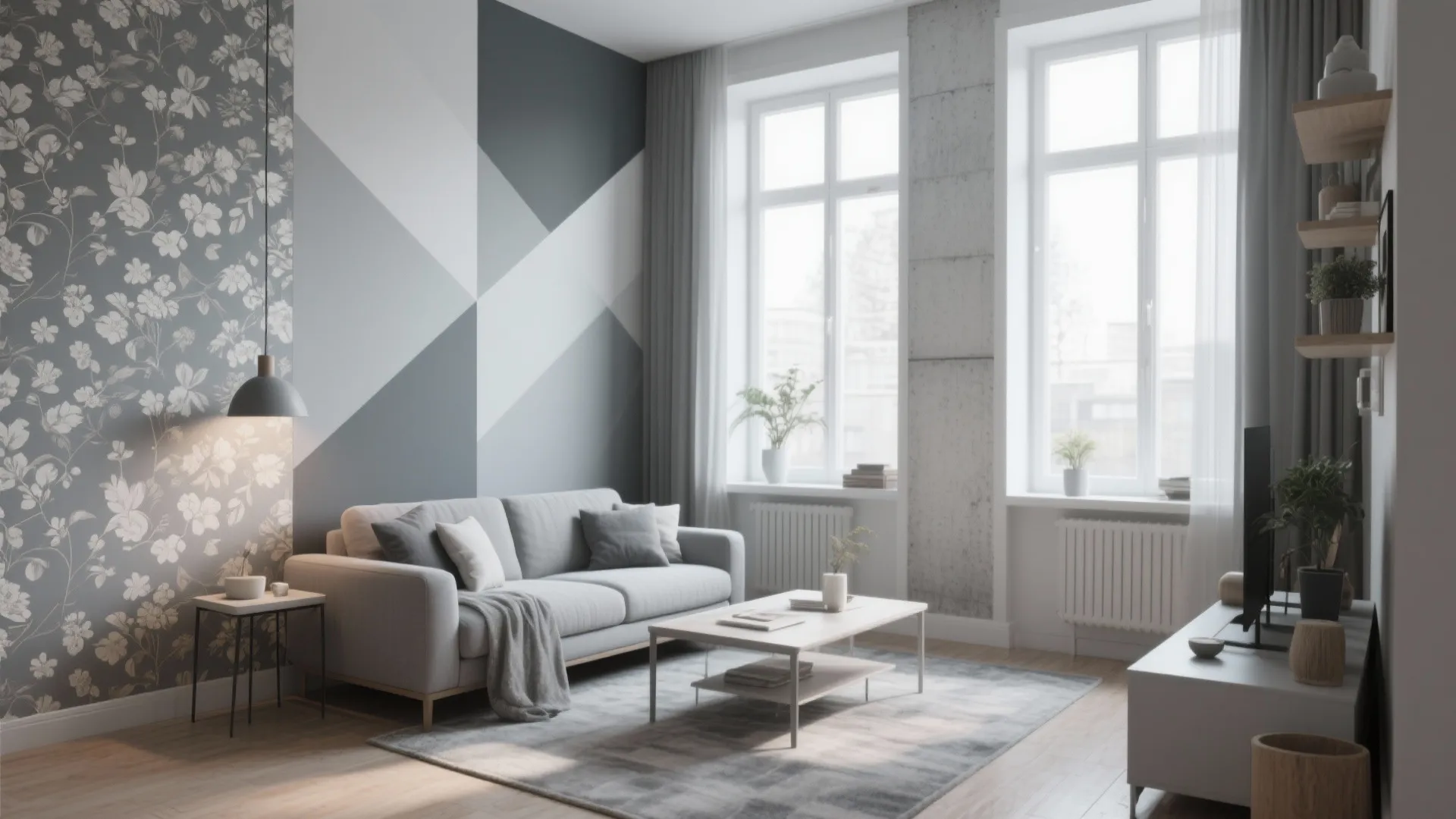 Living room with floral wall panel and geometric pattern next to grey sofa and windows