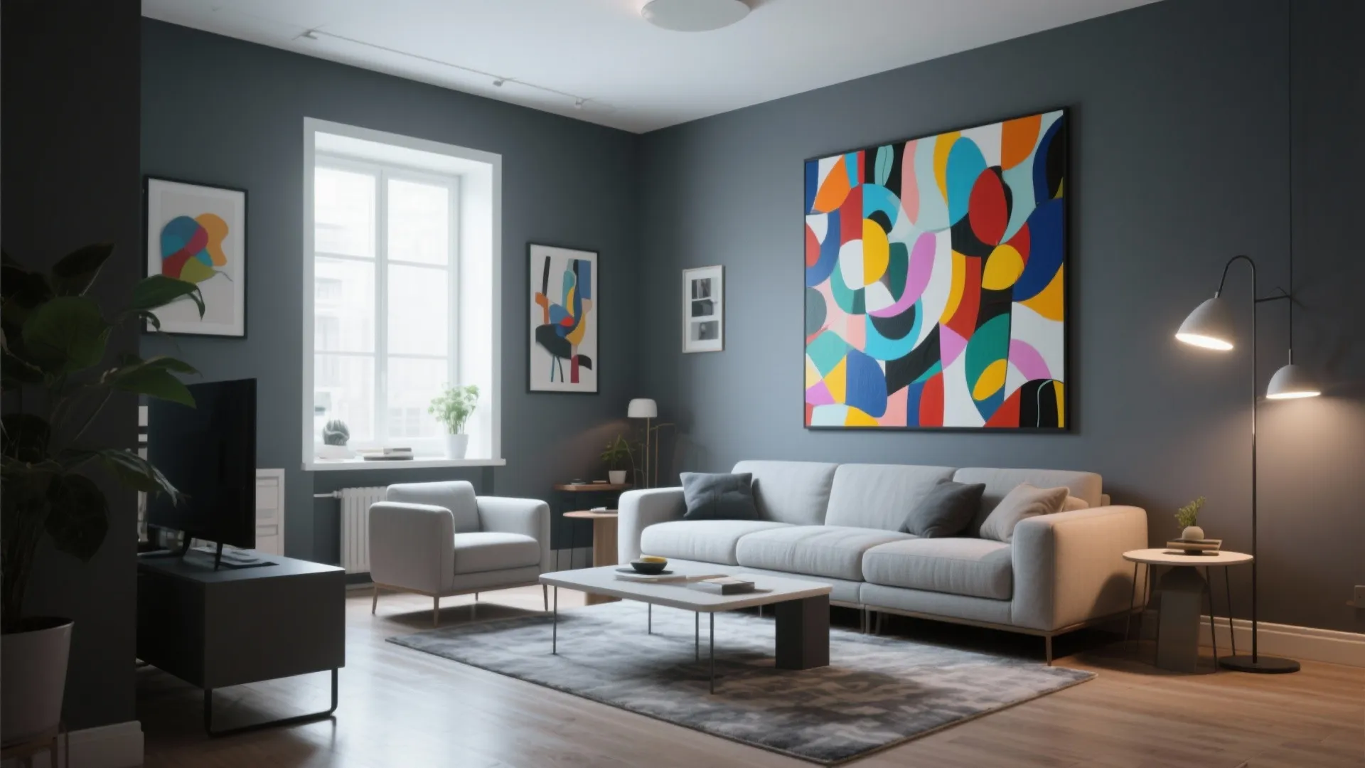 3. Grey Walls with Bold Artwork