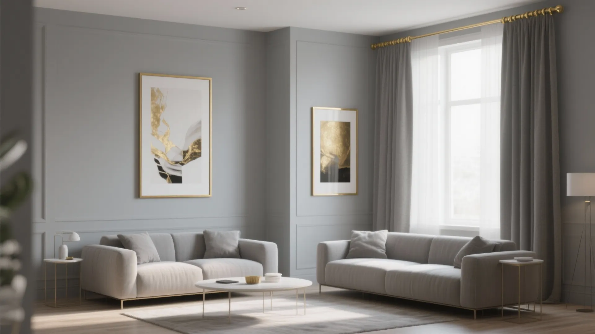 Neutral grey walls with gold-framed art and curtain rods