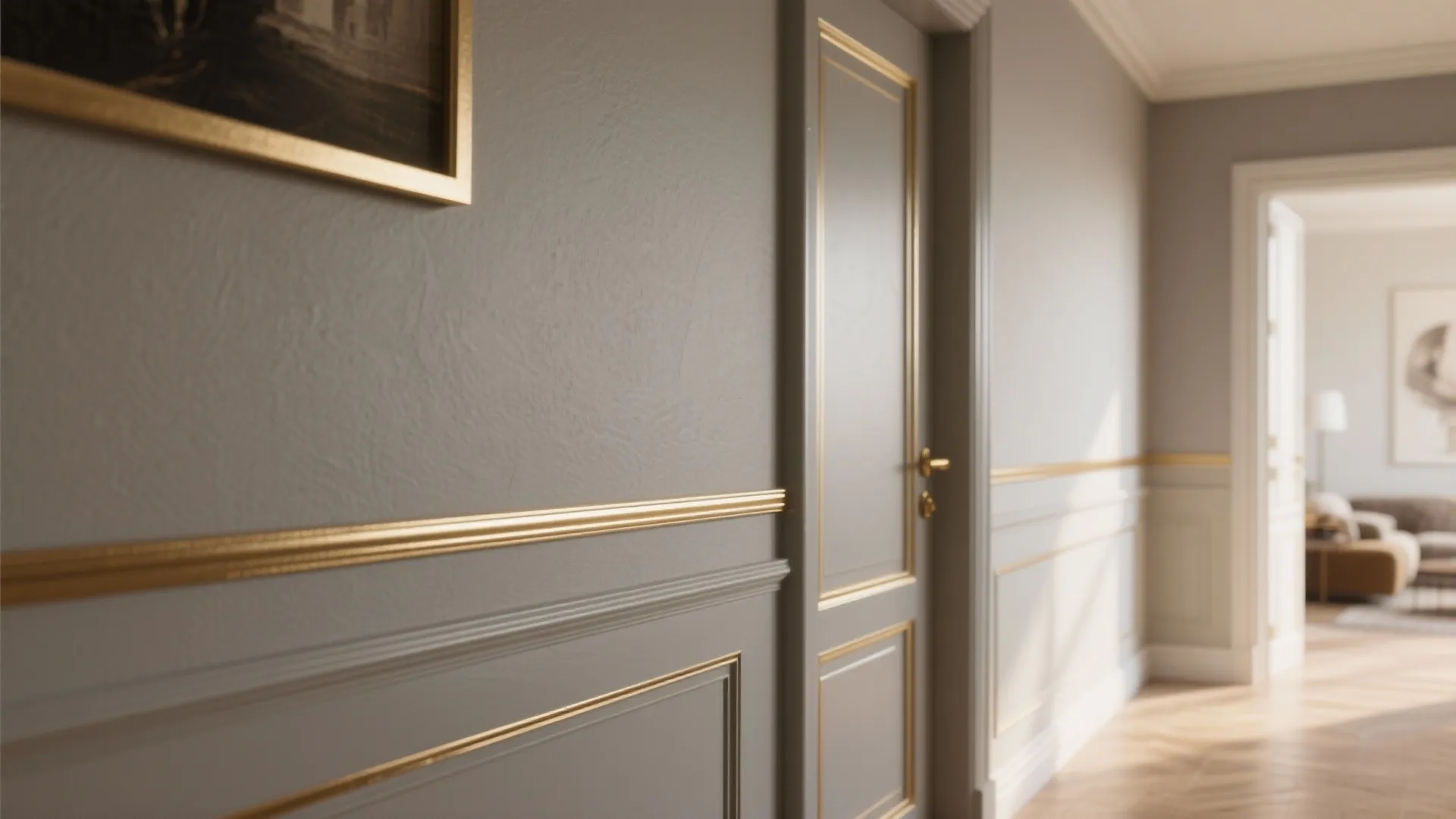 1. Soft Grey Walls with Brushed Gold Trim