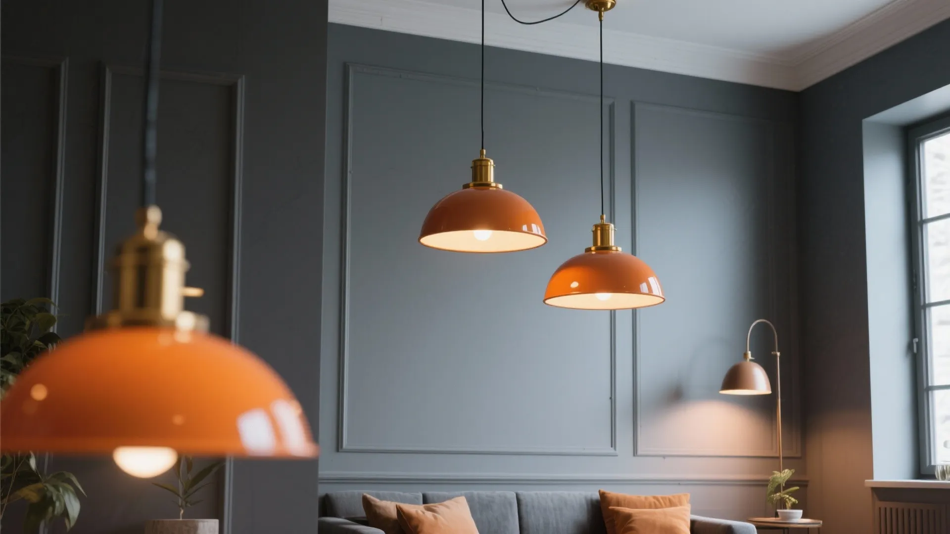 9. Grey Walls with Orange and Brass Lighting