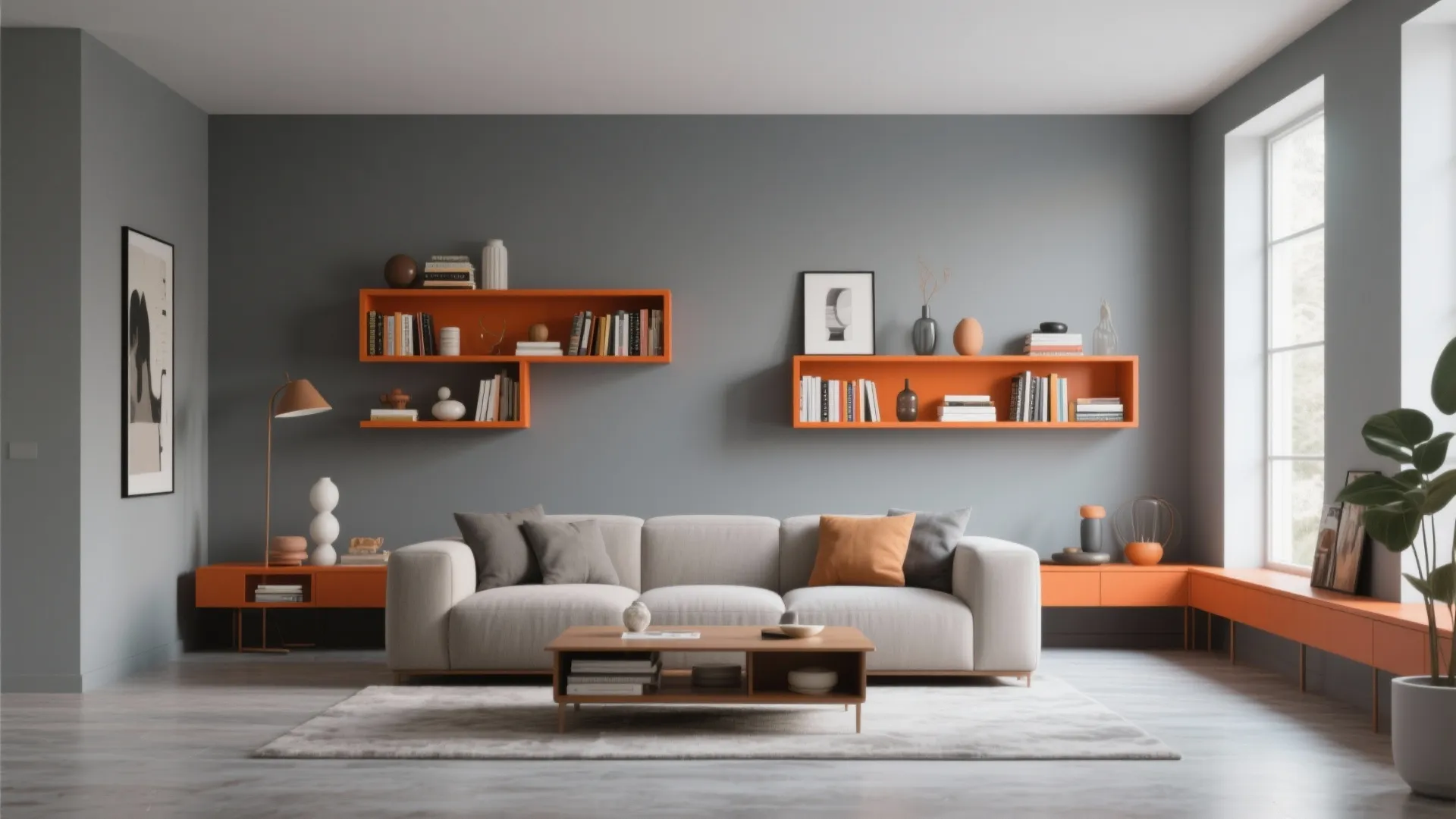 7. Grey Walls, Orange Shelves