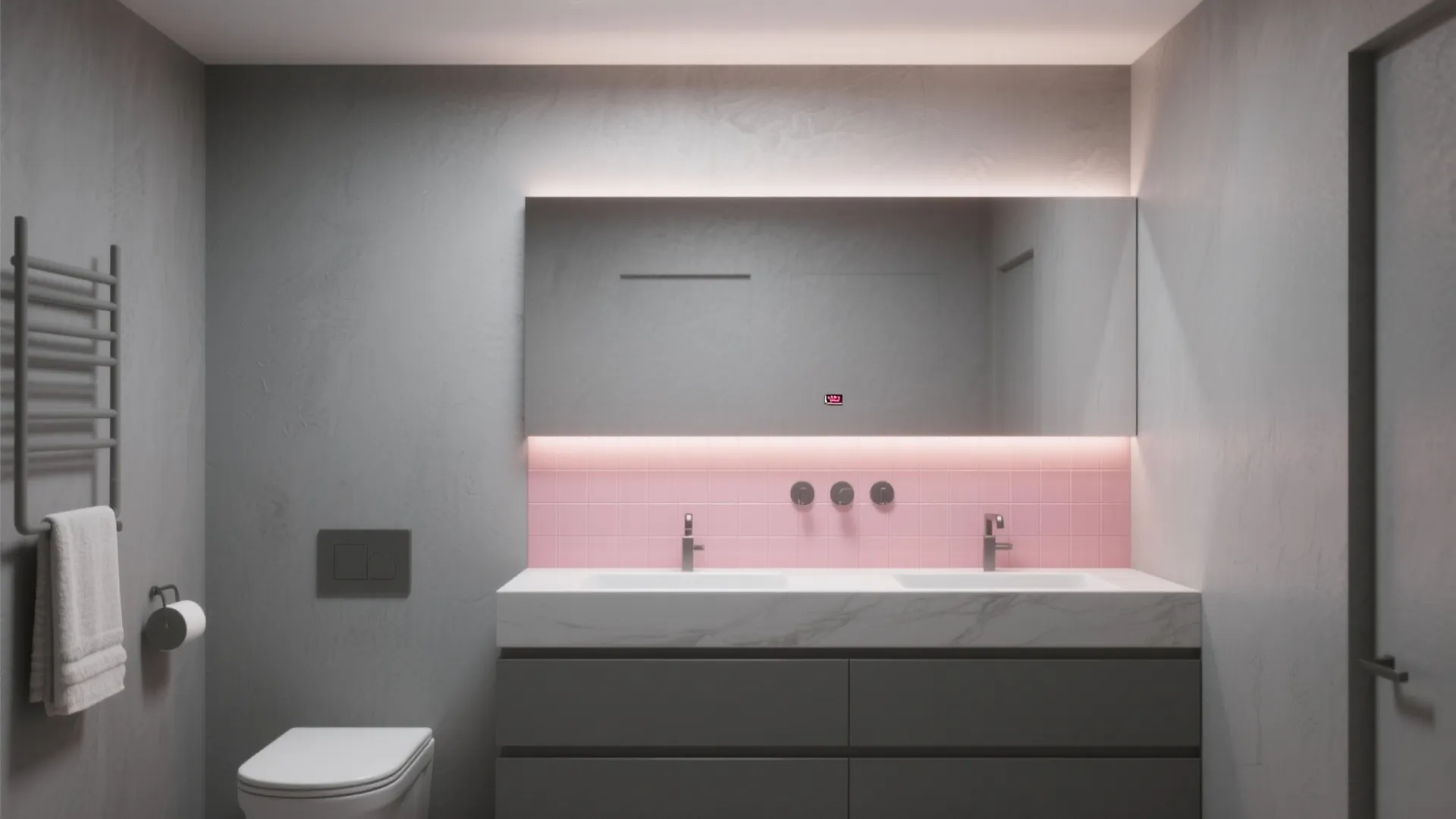 3. Monochrome grey walls + pink accent tiles