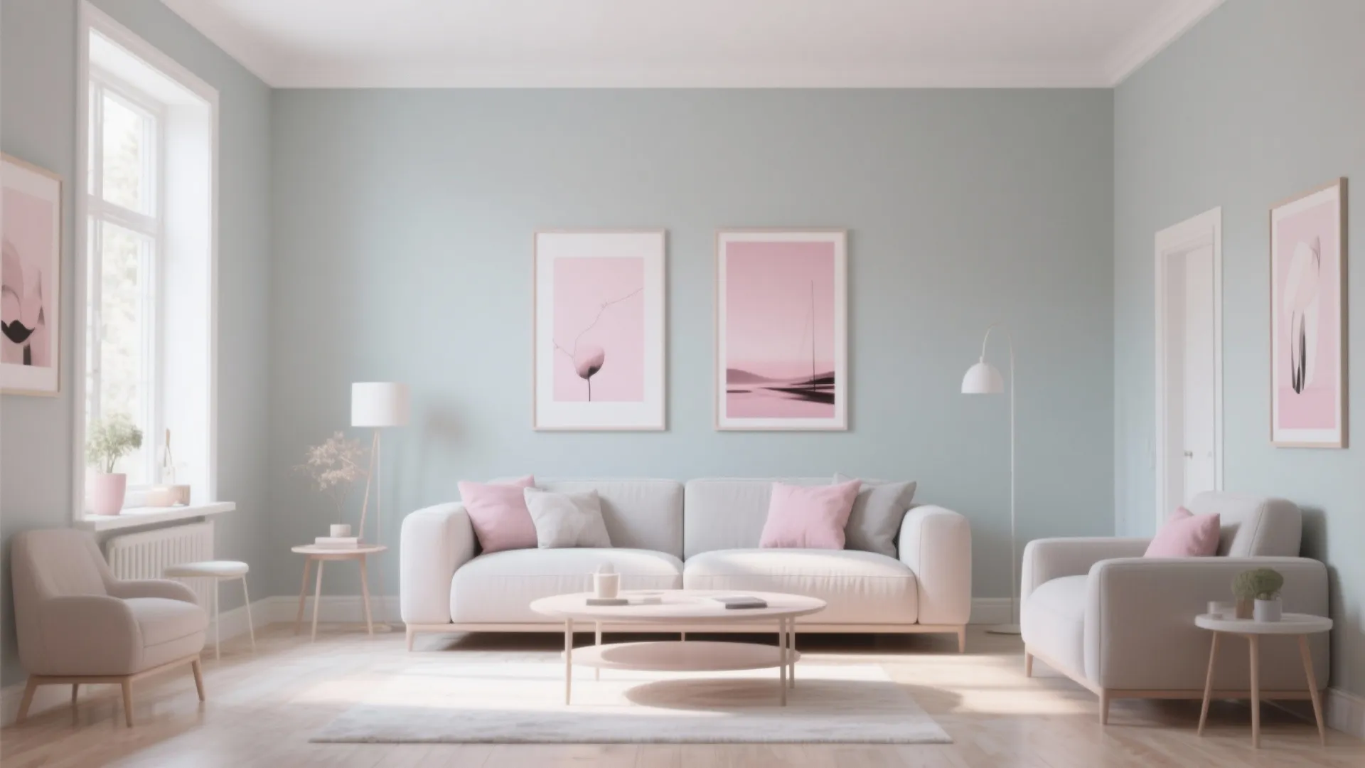 4. Pale Grey Walls with Artwork in Pink Hues