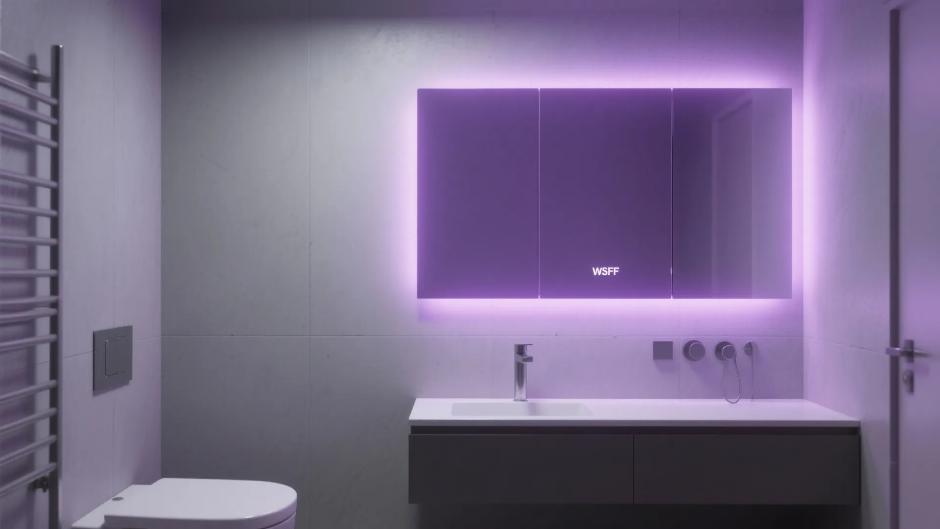 6. Minimalist Grey Walls with Artistic Purple Lighting