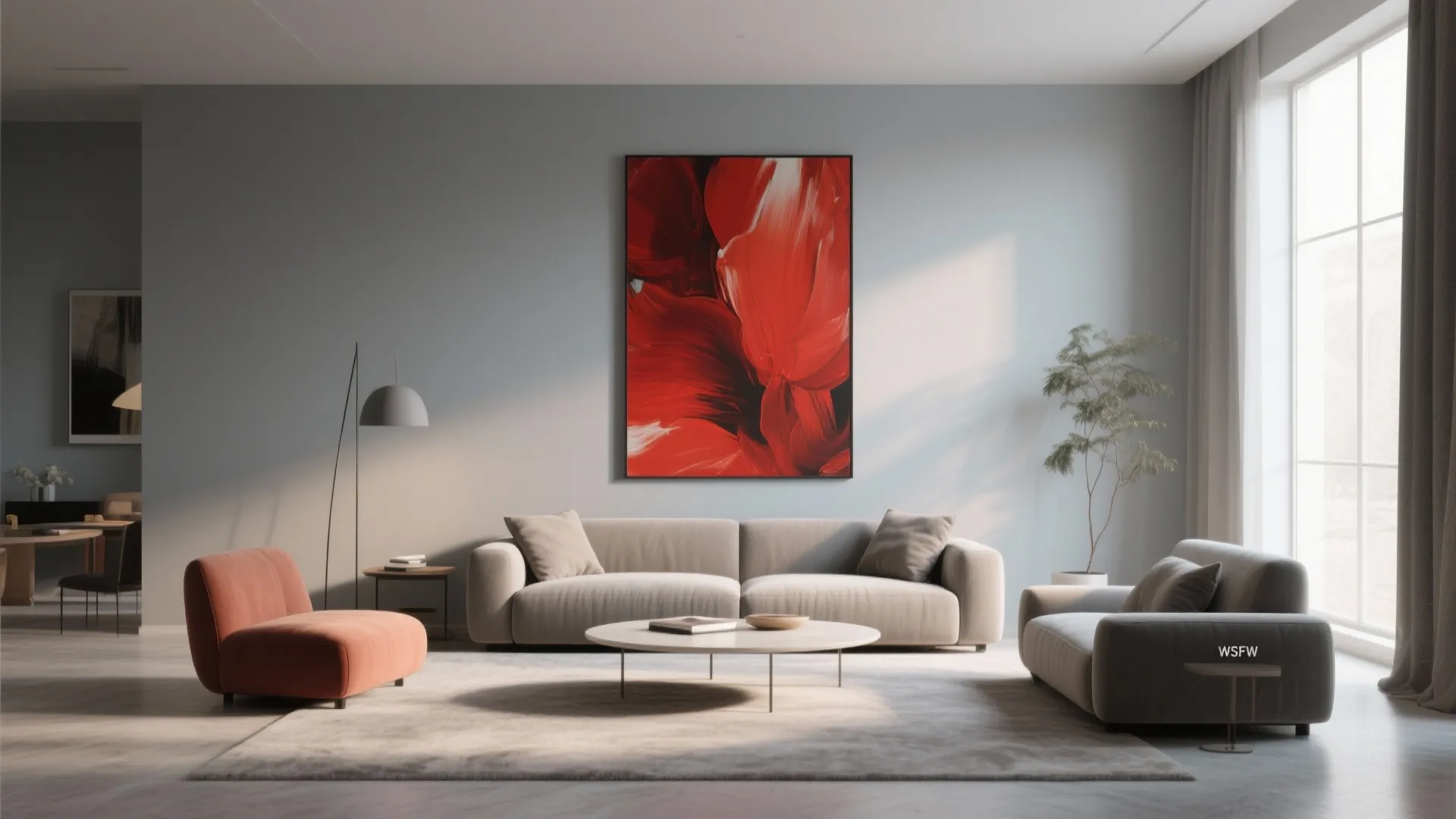Minimalist living room with grey walls large red painting beige sofa and round coffee table