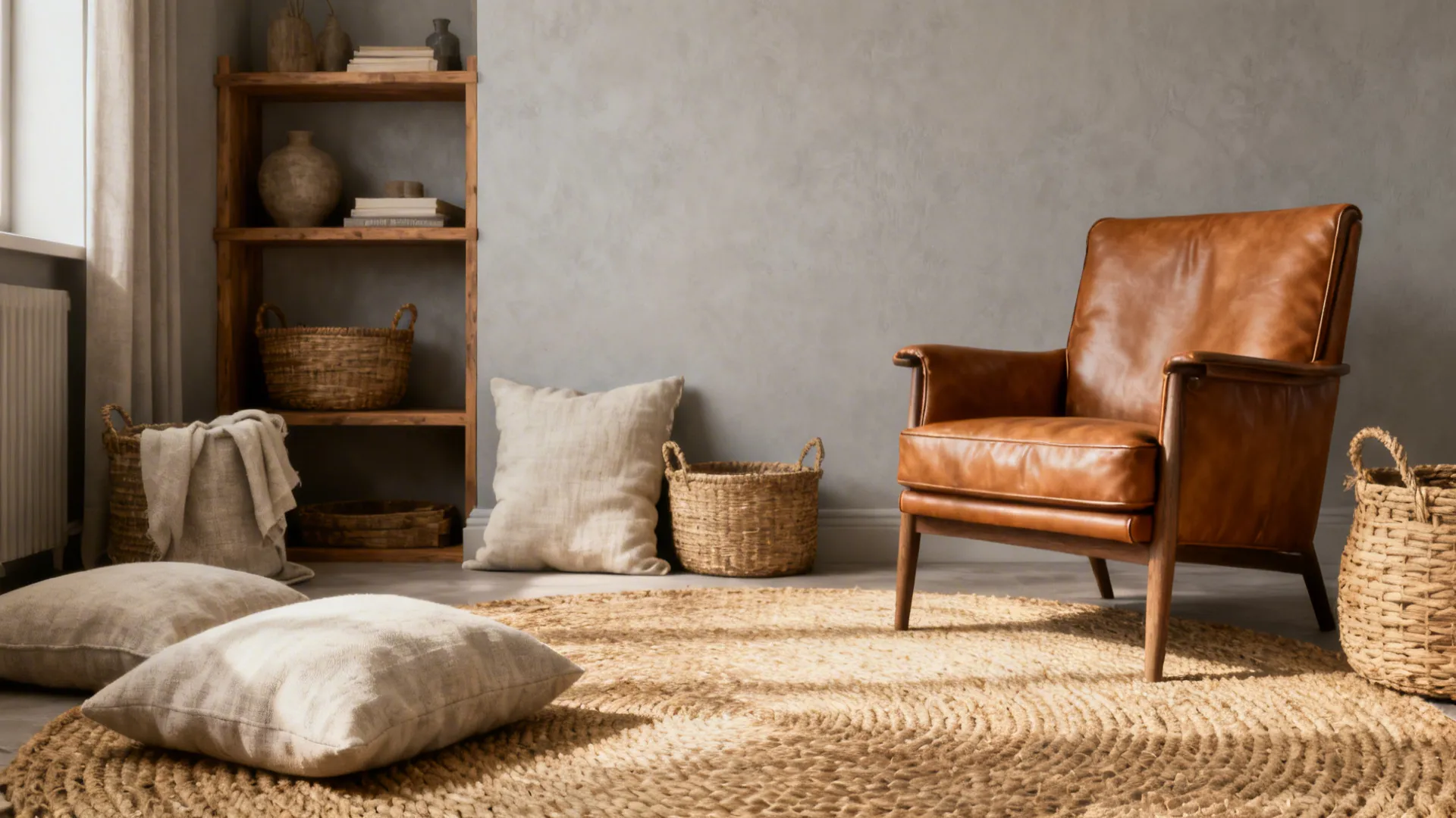 Brown leather armchair sits by a wooden shelf with baskets on a large round rug