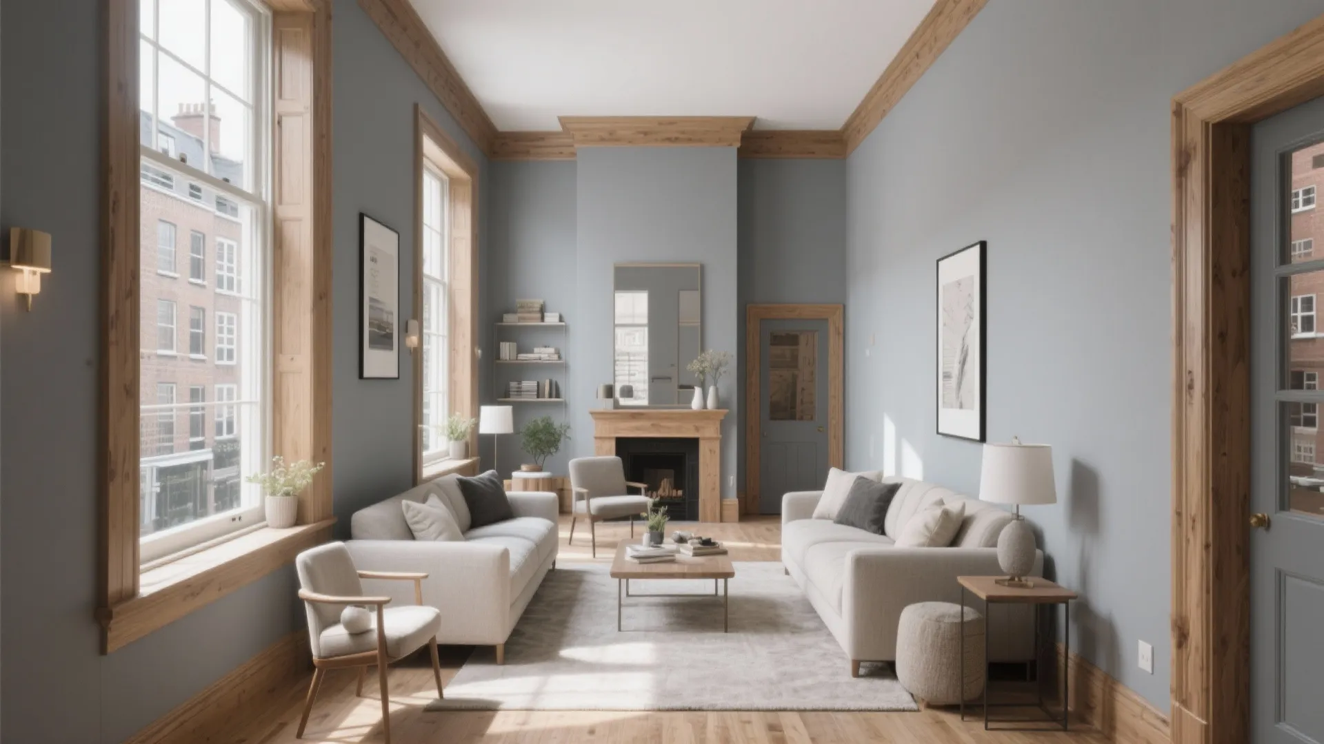 Grey living room walls with tan oak trim